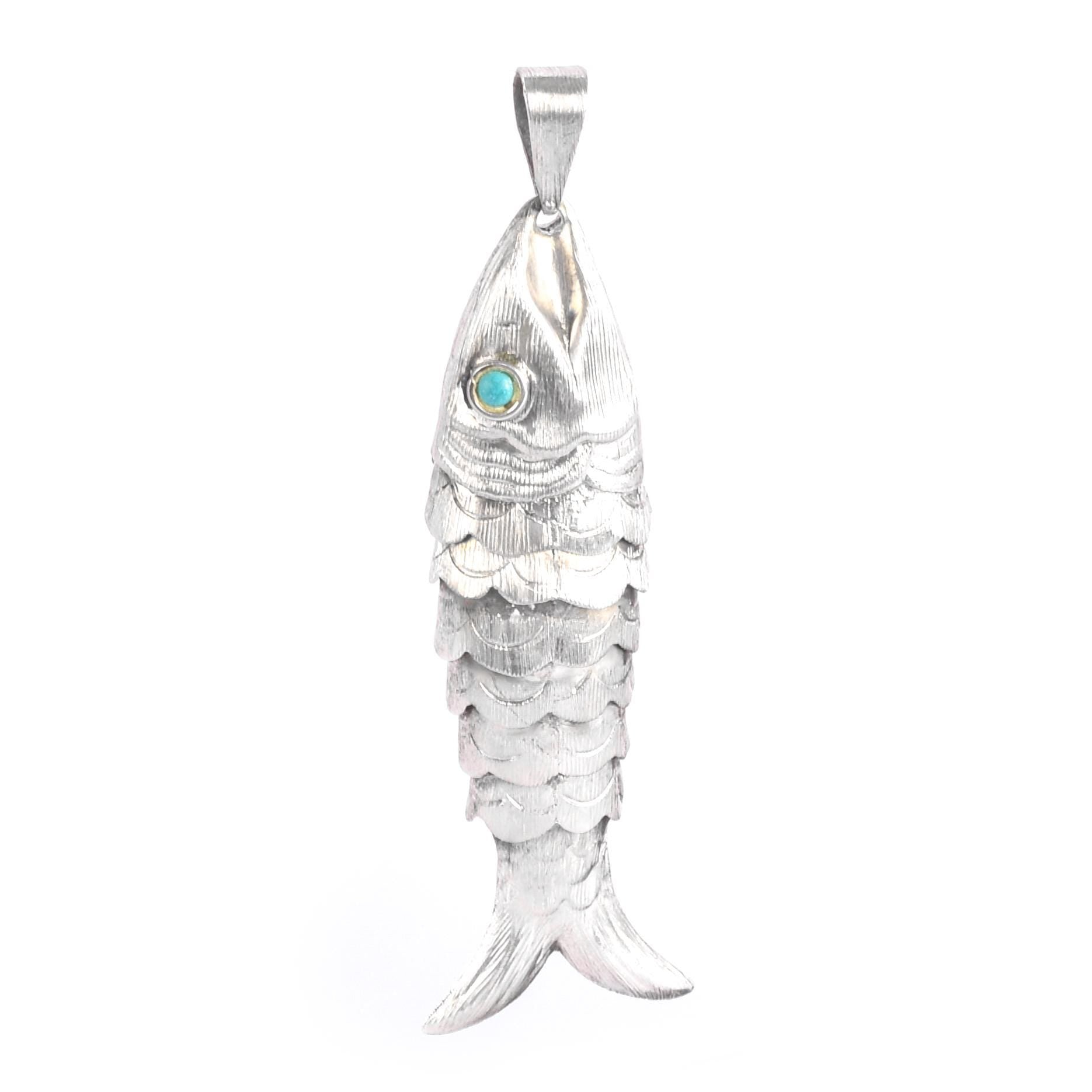 Taxco Sterling Silver Articulated Fish Pendant with Turquoise Eye