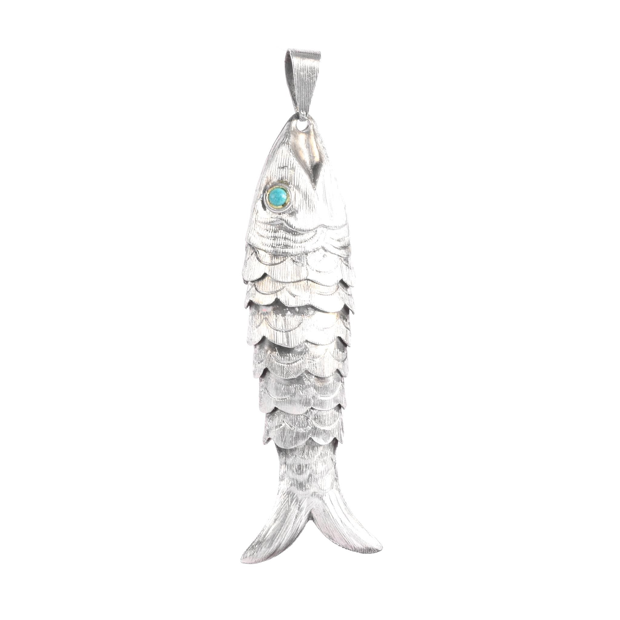Taxco Sterling Silver Articulated Fish Pendant with Turquoise Eye