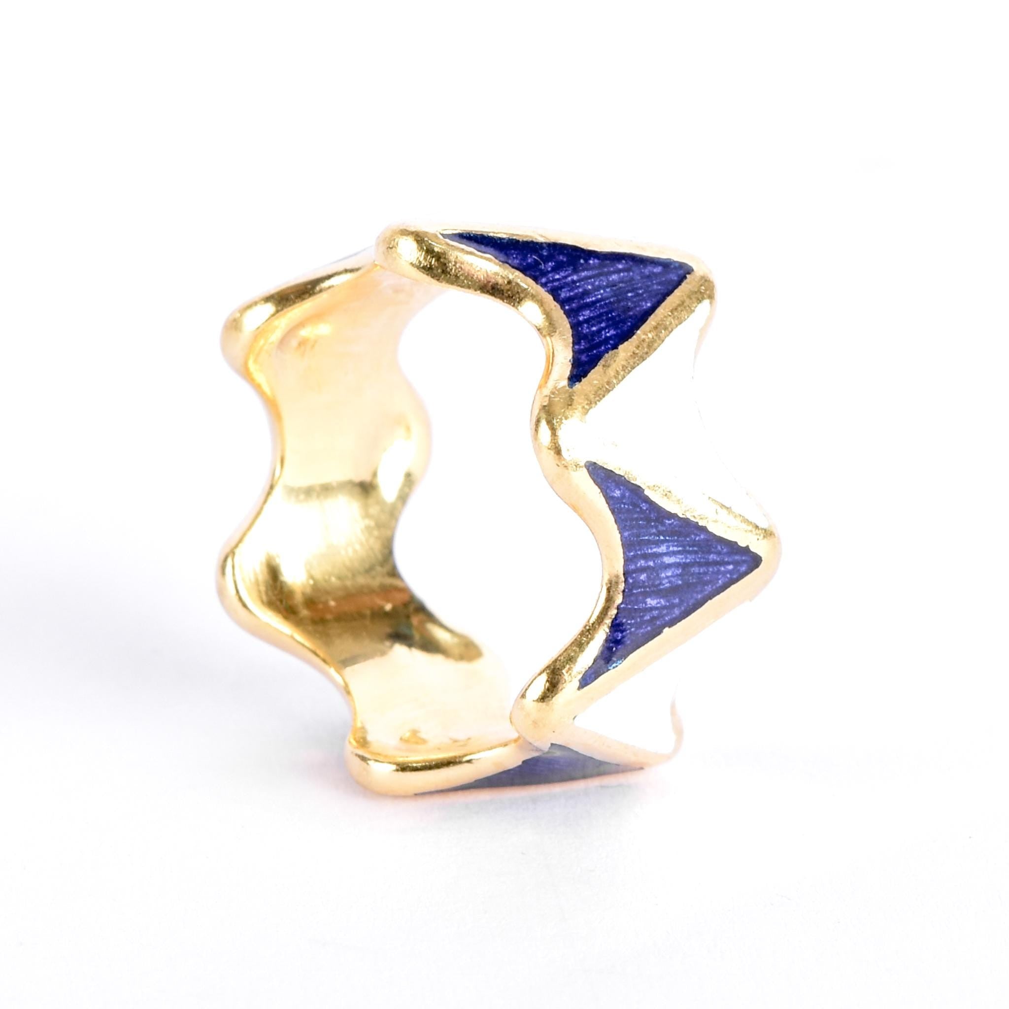 18K Gold and Enamel Blue & White Geometric Statement Band