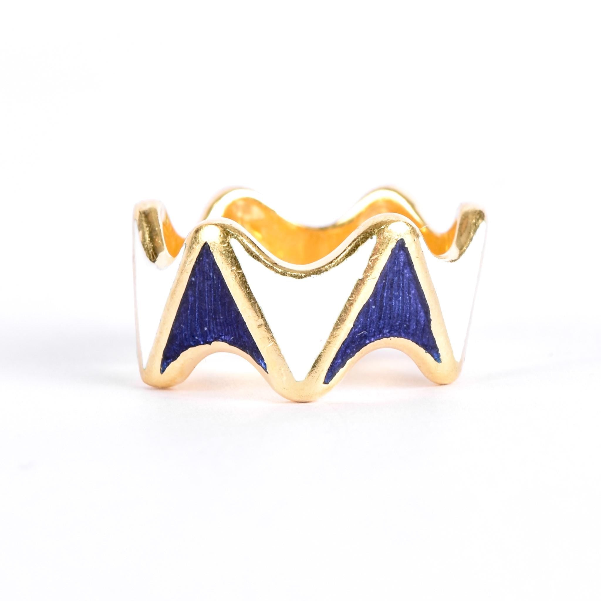 18K Gold and Enamel Blue & White Geometric Statement Band