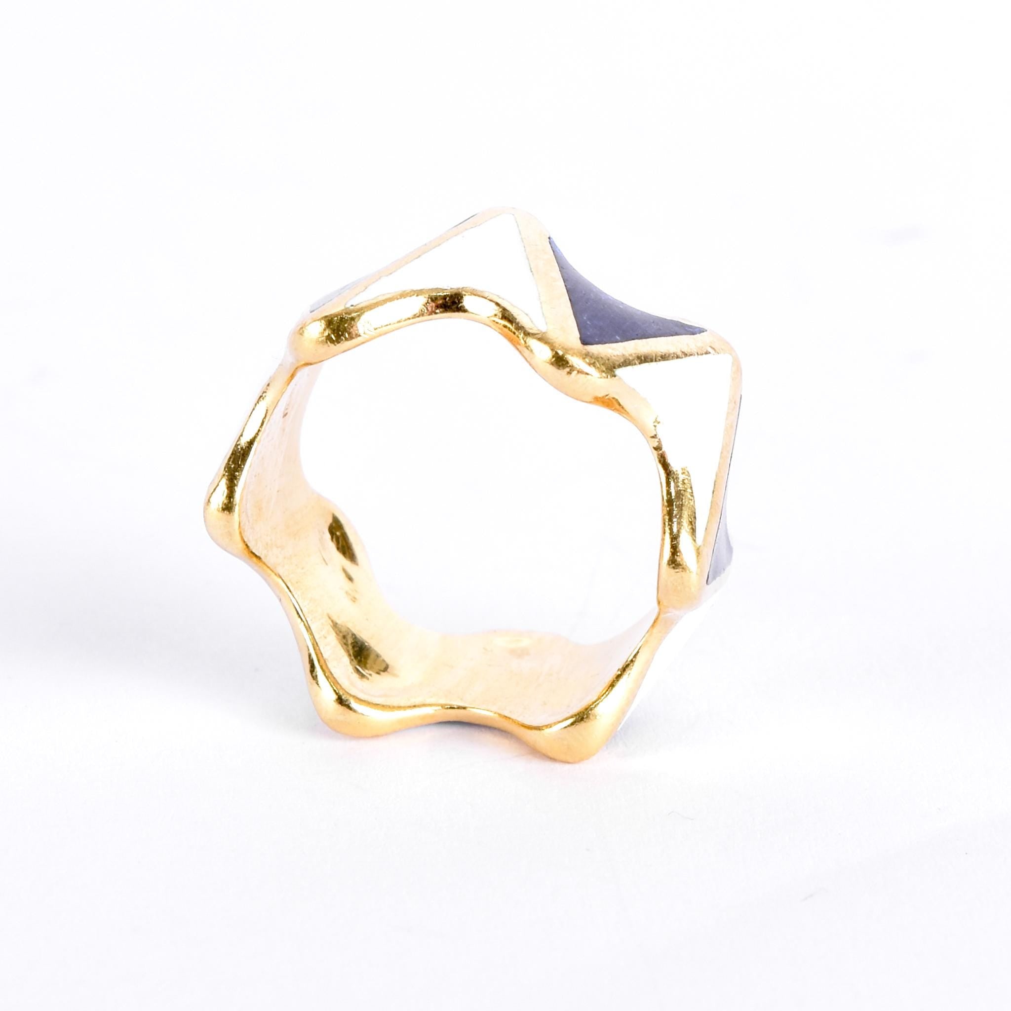 18K Gold and Enamel Blue & White Geometric Statement Band