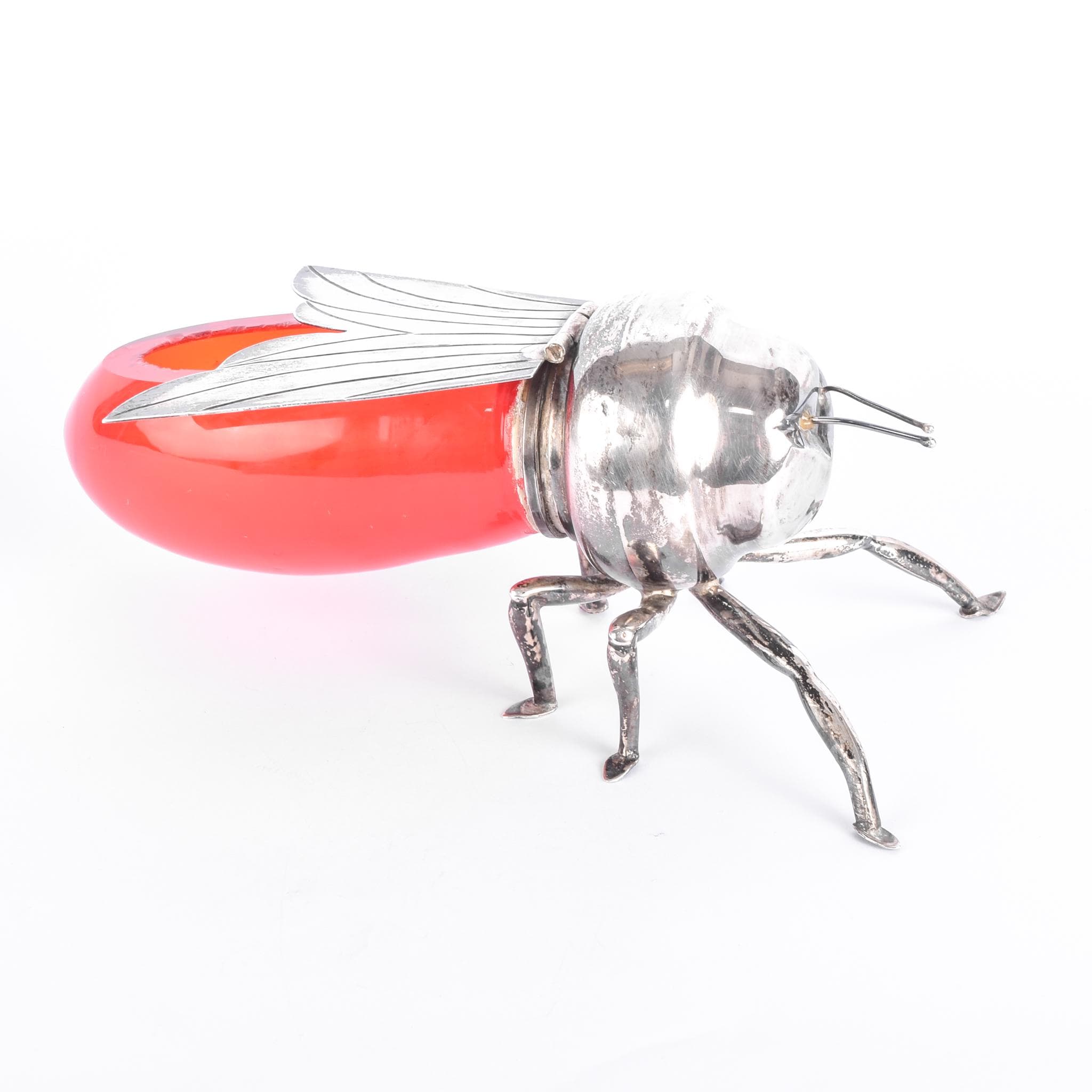Sterling Silver Plated & Cranberry Glass Bee-Shaped Honey Pot
