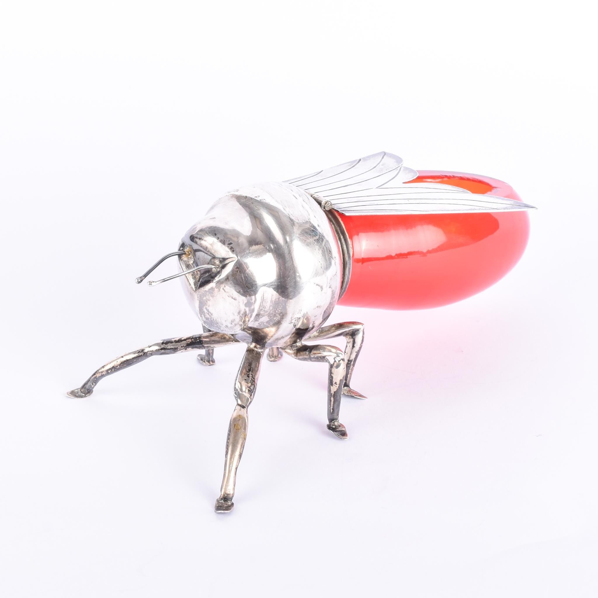 Sterling Silver Plated & Cranberry Glass Bee-Shaped Honey Pot