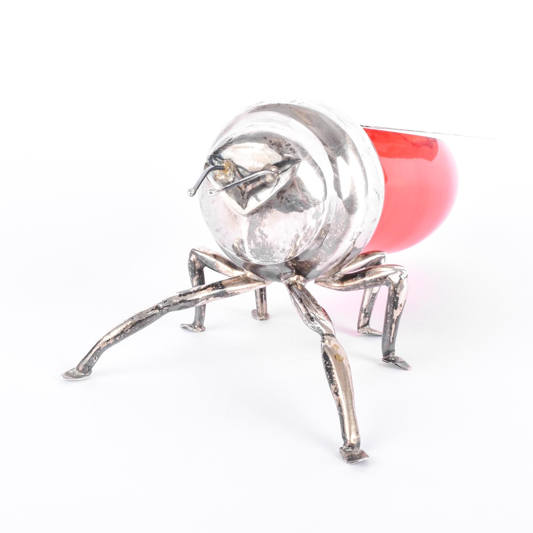 Sterling Silver Plated & Cranberry Glass Bee-Shaped Honey Pot