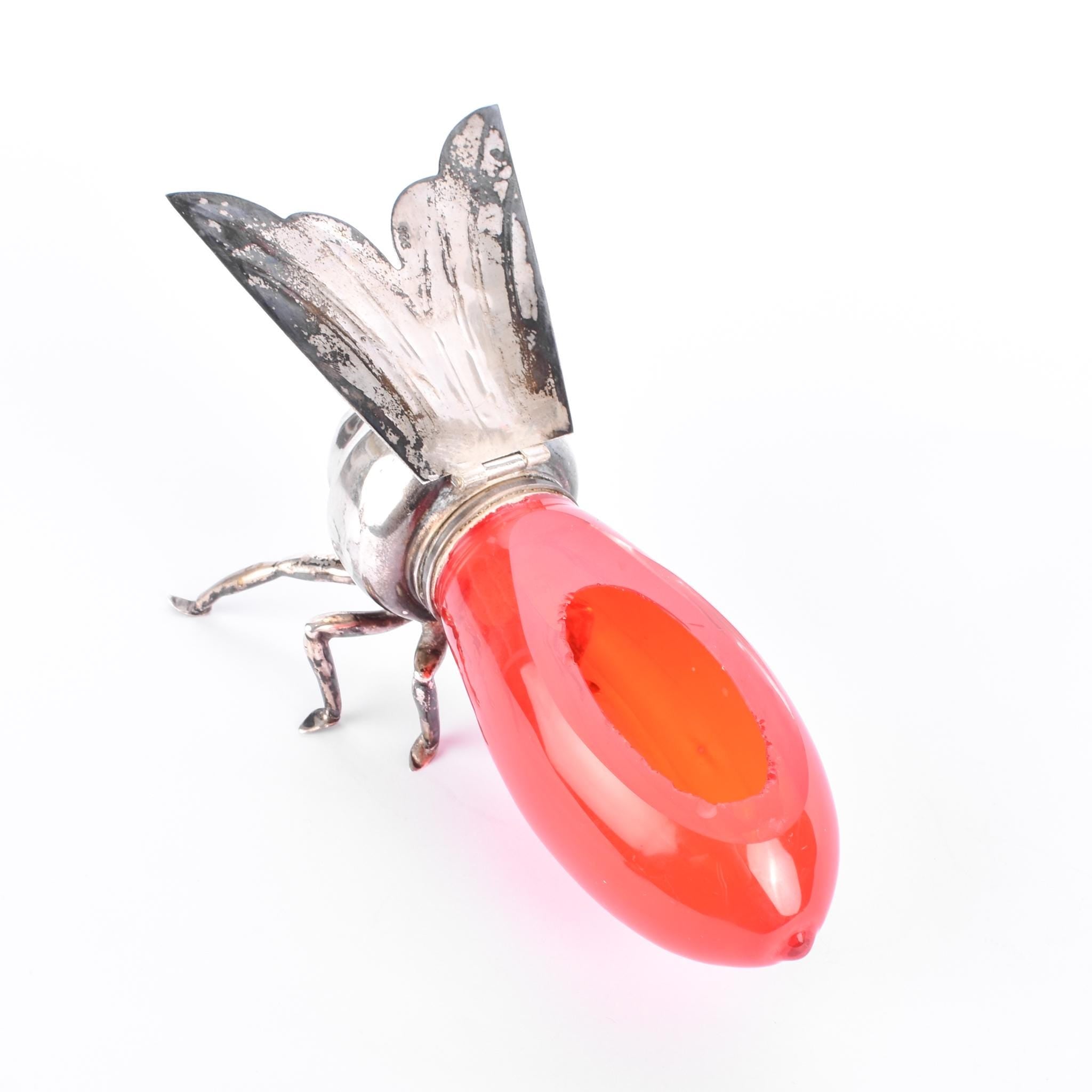 Sterling Silver Plated & Cranberry Glass Bee-Shaped Honey Pot