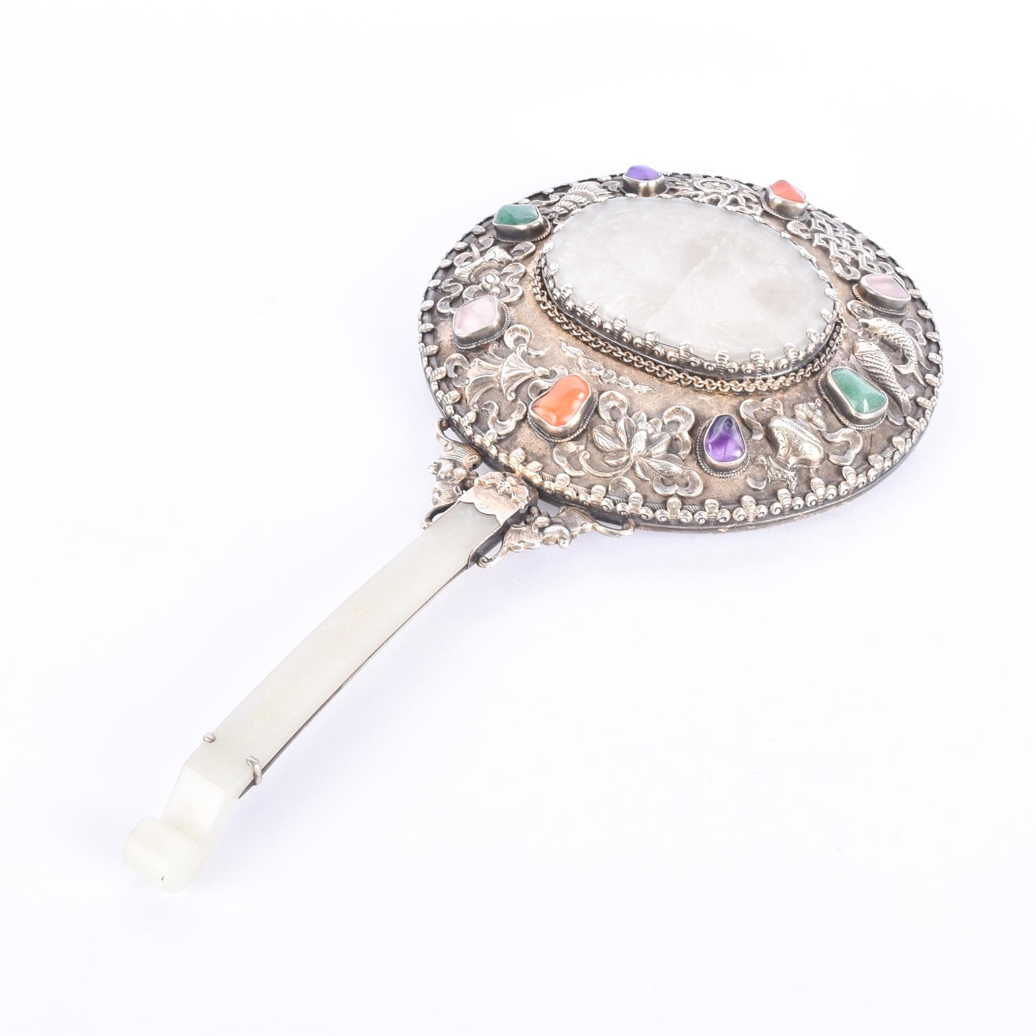 Chinese Silver & Carved Pale Jade Medallion Hand Mirror