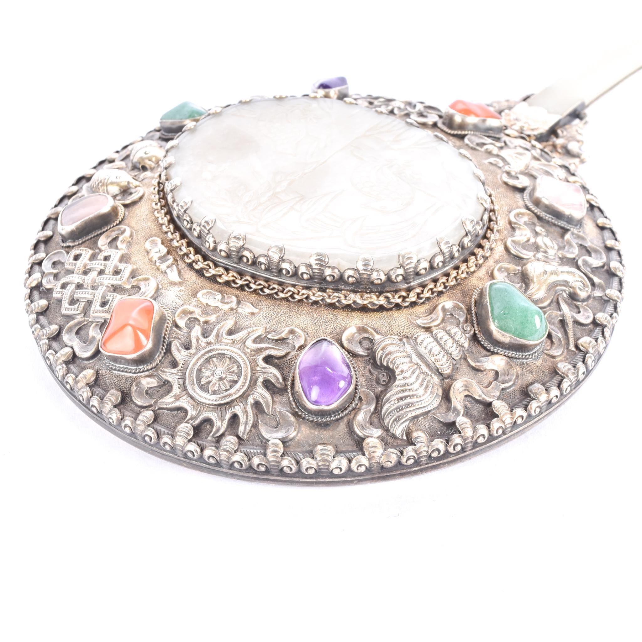 Chinese Silver & Carved Pale Jade Medallion Hand Mirror