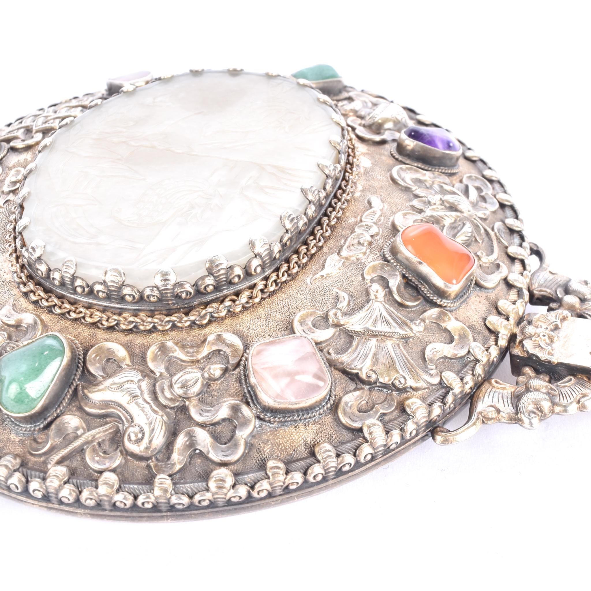 Chinese Silver & Carved Pale Jade Medallion Hand Mirror