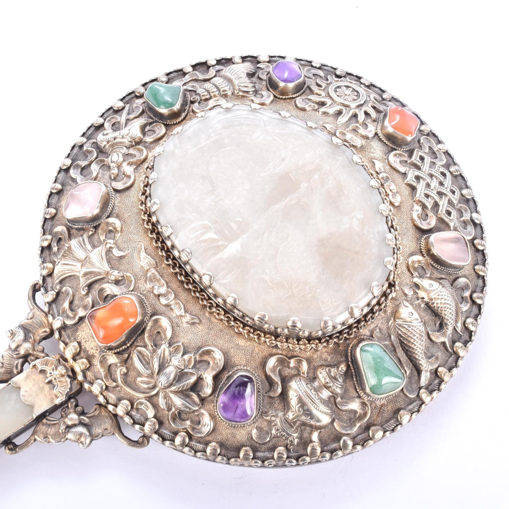 Chinese Silver & Carved Pale Jade Medallion Hand Mirror