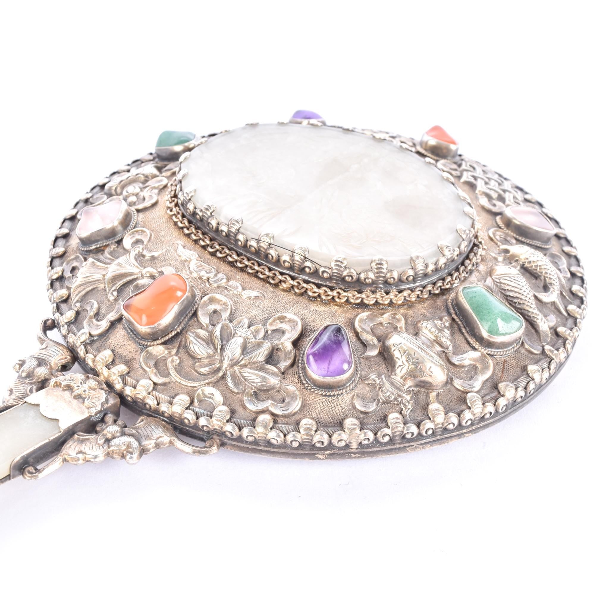 Chinese Silver & Carved Pale Jade Medallion Hand Mirror