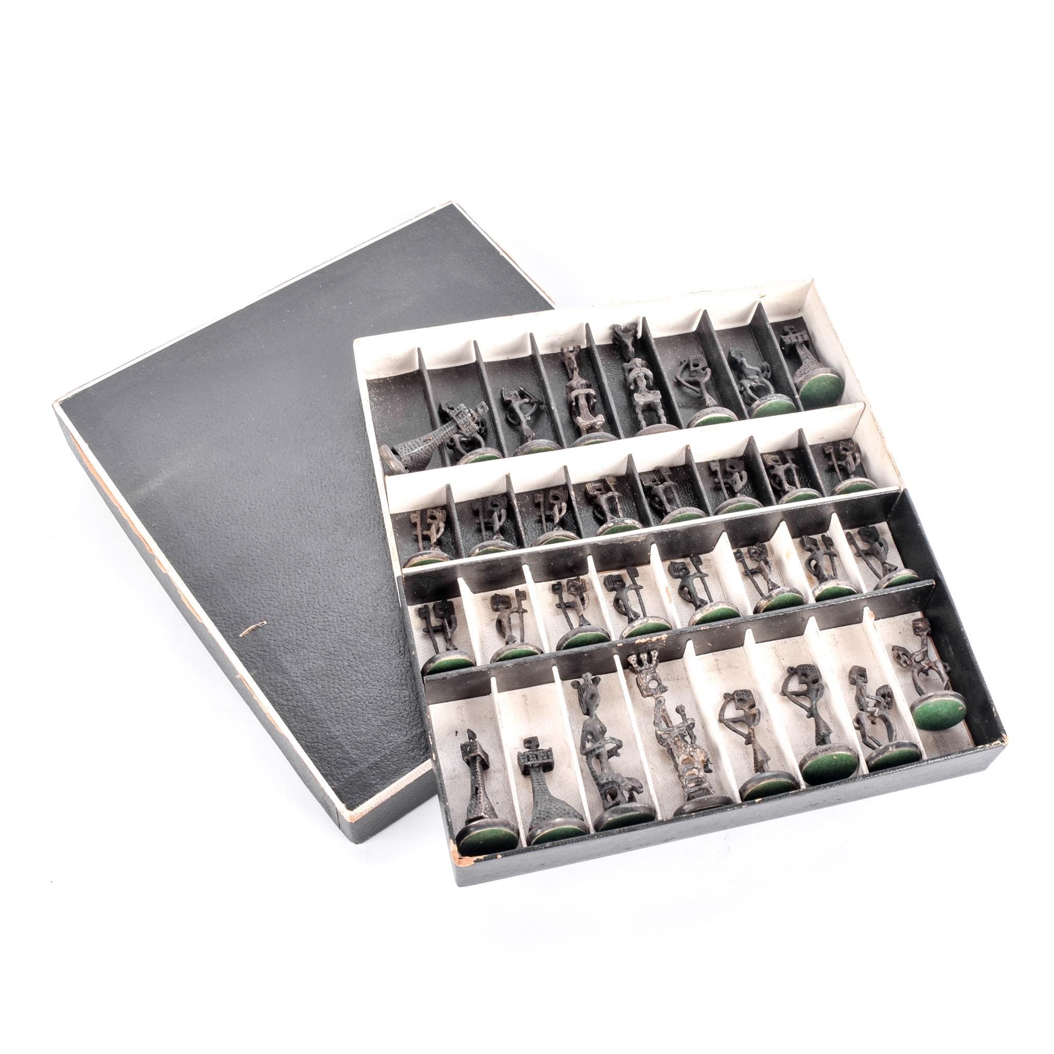 1955 Aharon Bezalel Modernist Sculptural Silver Chess Set in Original Box