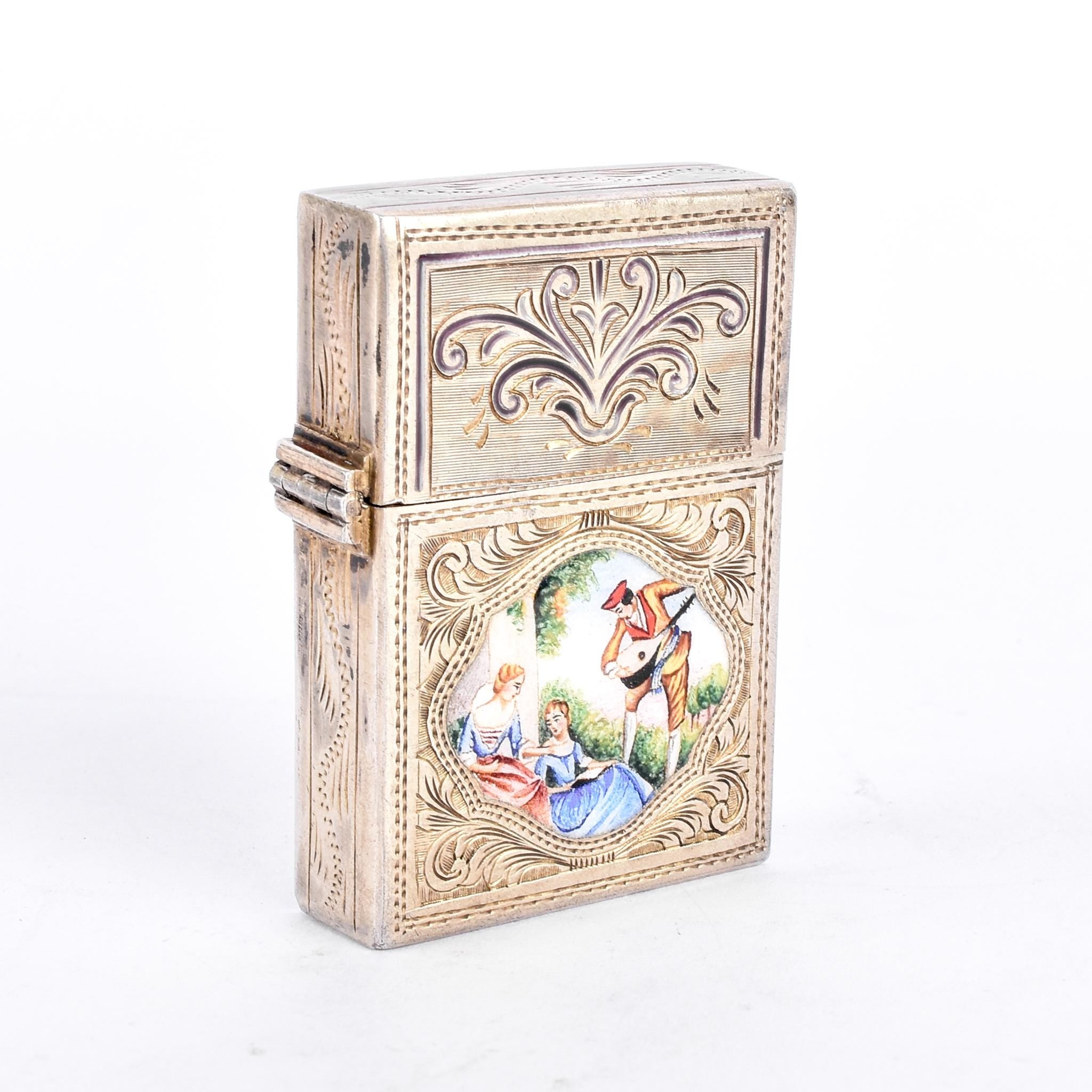 Italian 800 Silver Lighter Case with Hand-Painted Courting Scene
