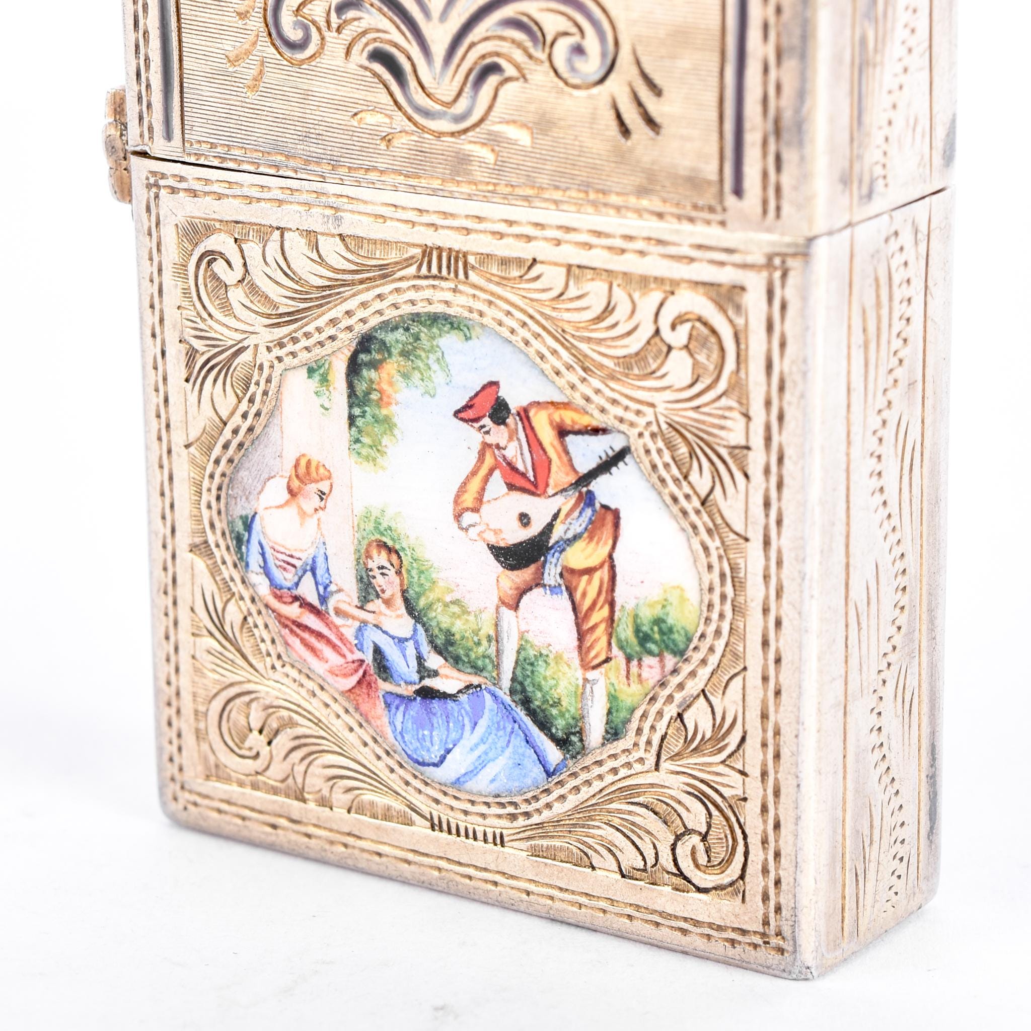 Italian 800 Silver Lighter Case with Hand-Painted Courting Scene