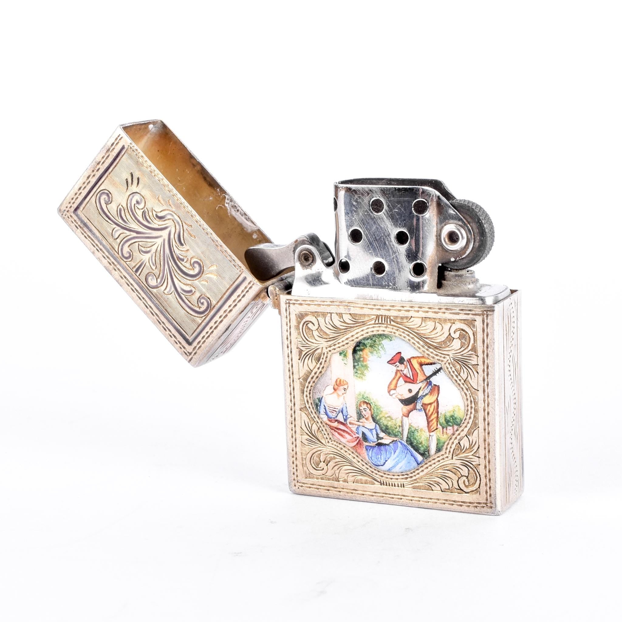 Italian 800 Silver Lighter Case with Hand-Painted Courting Scene