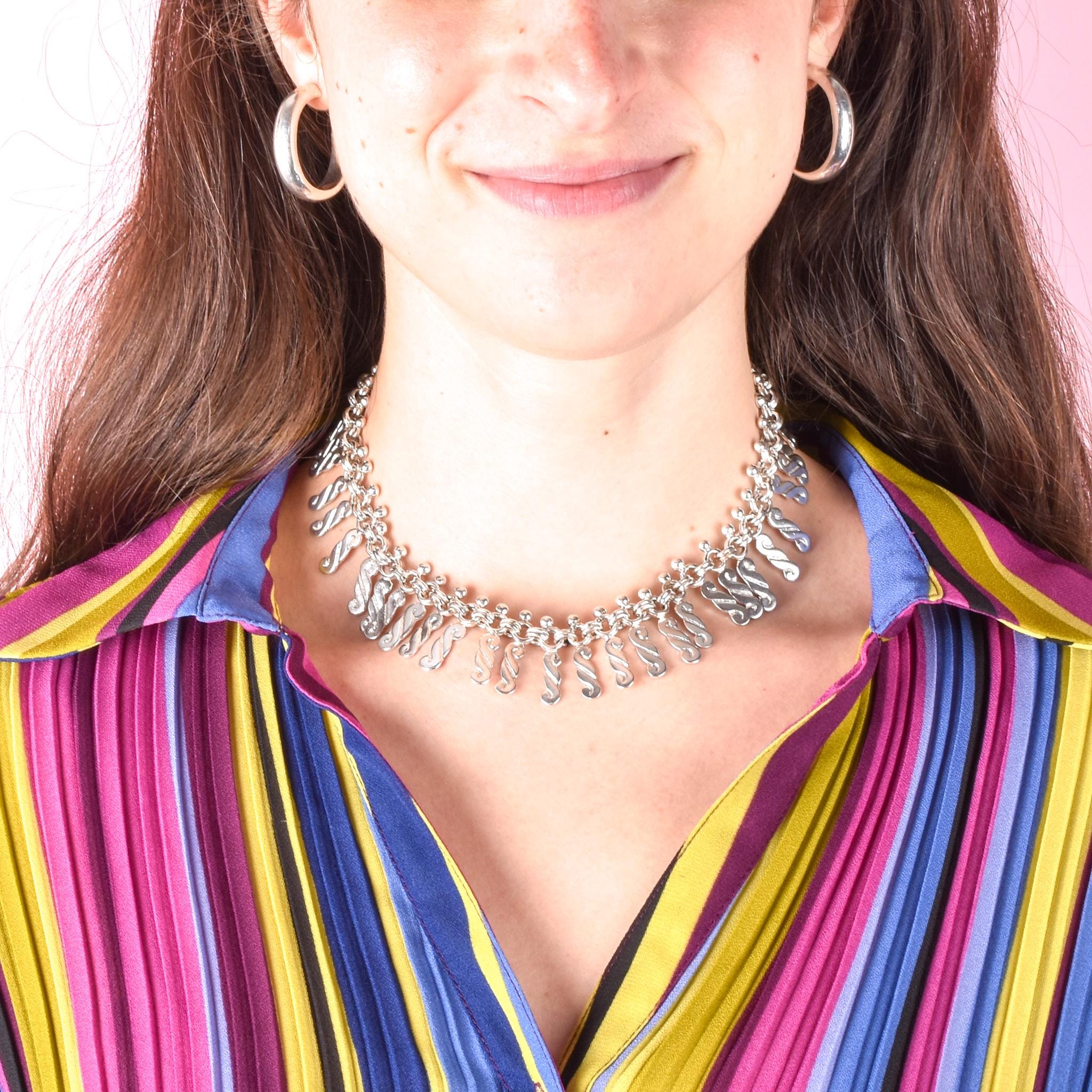 Sterling Silver Unique Swirl-Link Collar Necklace