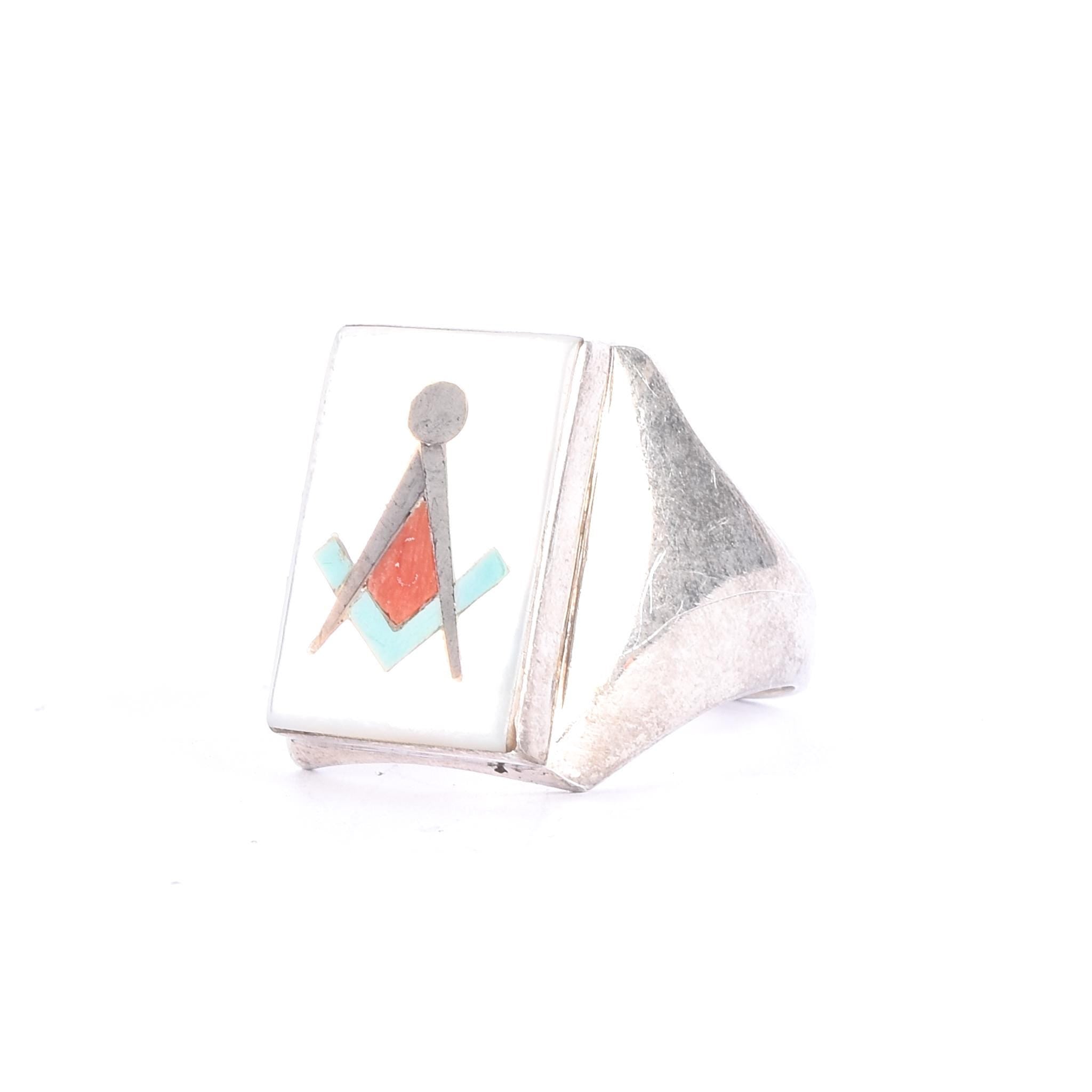 Sterling Silver Turquoise Zuni Inlay Masonic Ring