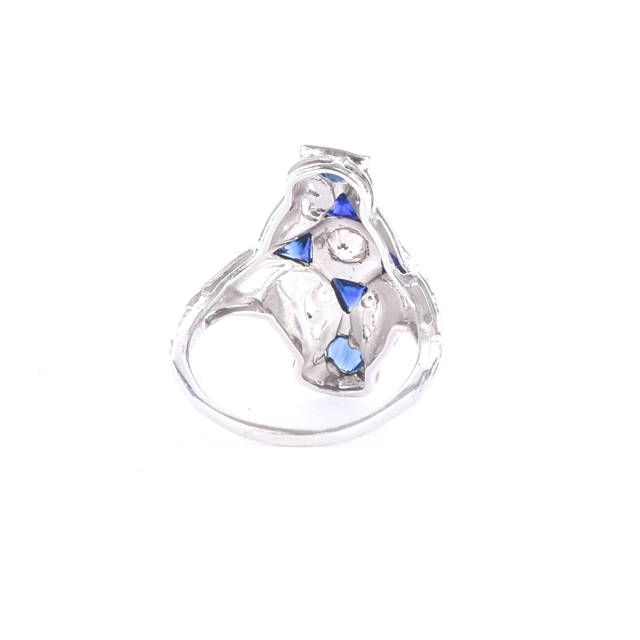 Art Deco 14K Gold Diamond & Synthetic Sapphire Shield Ring