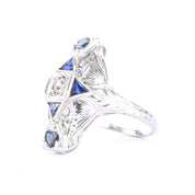 Art Deco 14K Gold Diamond & Synthetic Sapphire Shield Ring
