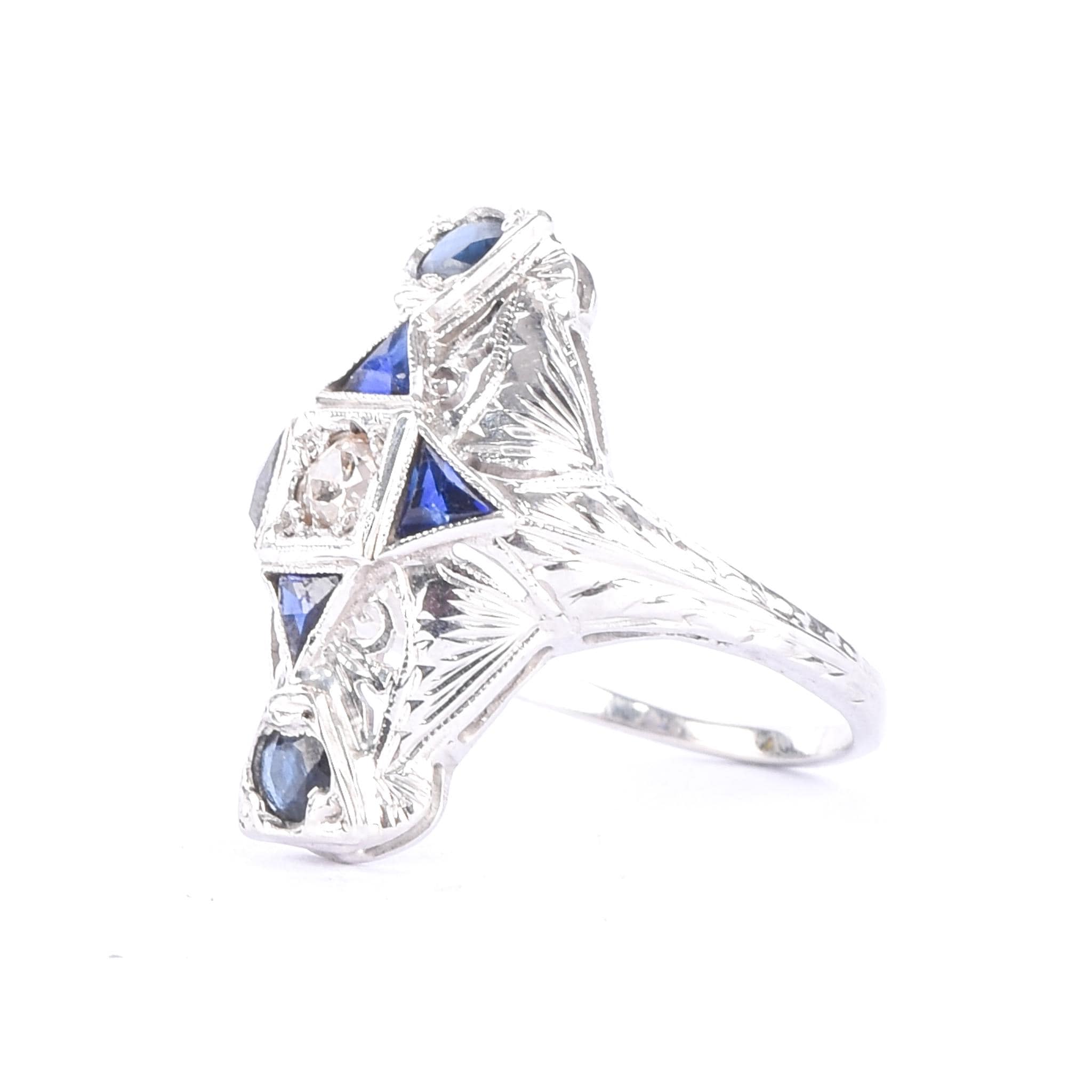 Art Deco 14K Gold Diamond & Synthetic Sapphire Shield Ring