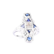 Art Deco 14K Gold Diamond & Synthetic Sapphire Shield Ring