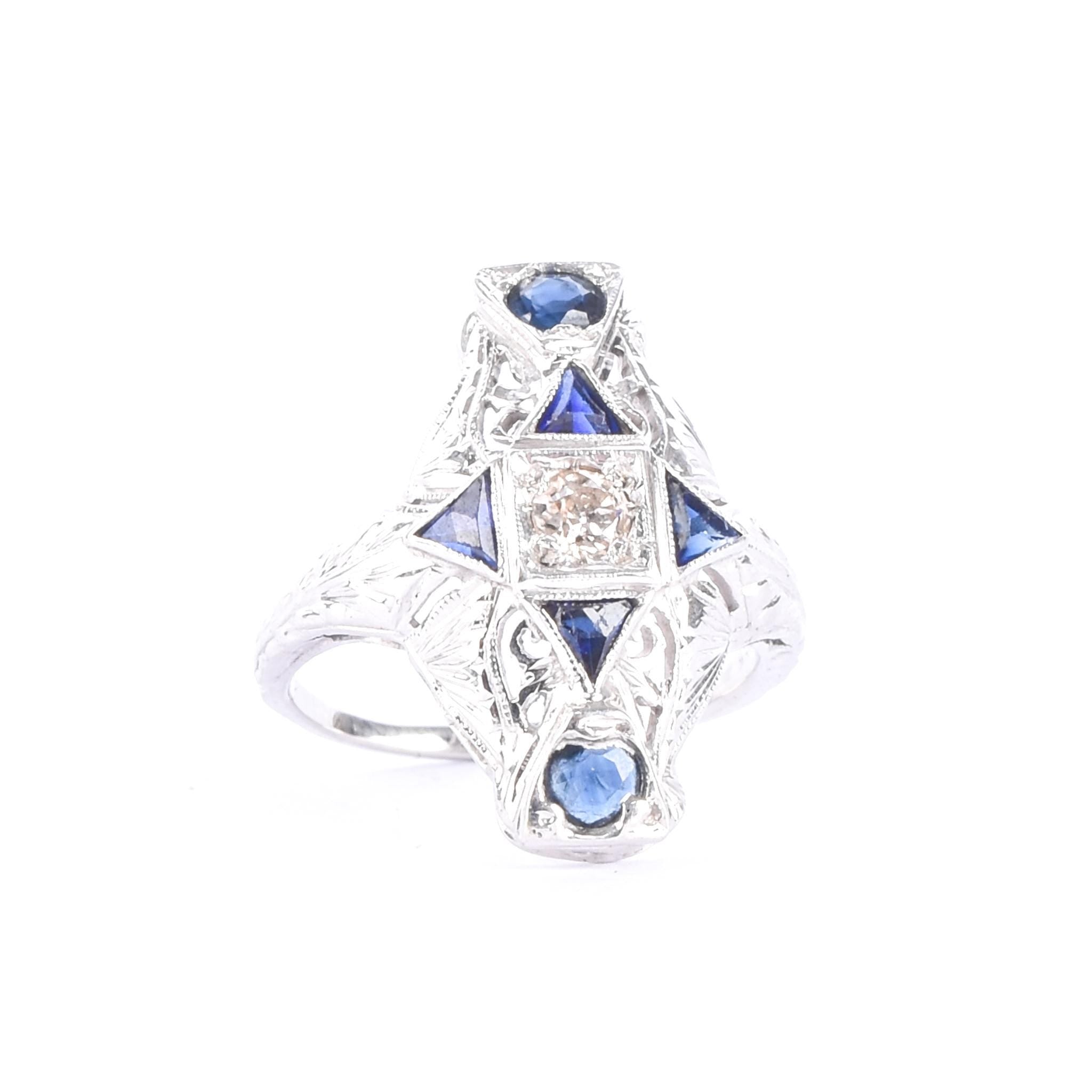 Art Deco 14K Gold Diamond & Synthetic Sapphire Shield Ring