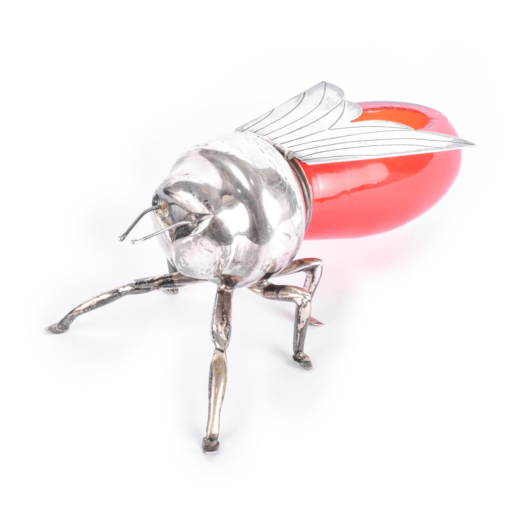 Sterling Silver Plated & Cranberry Glass Bee-Shaped Honey Pot