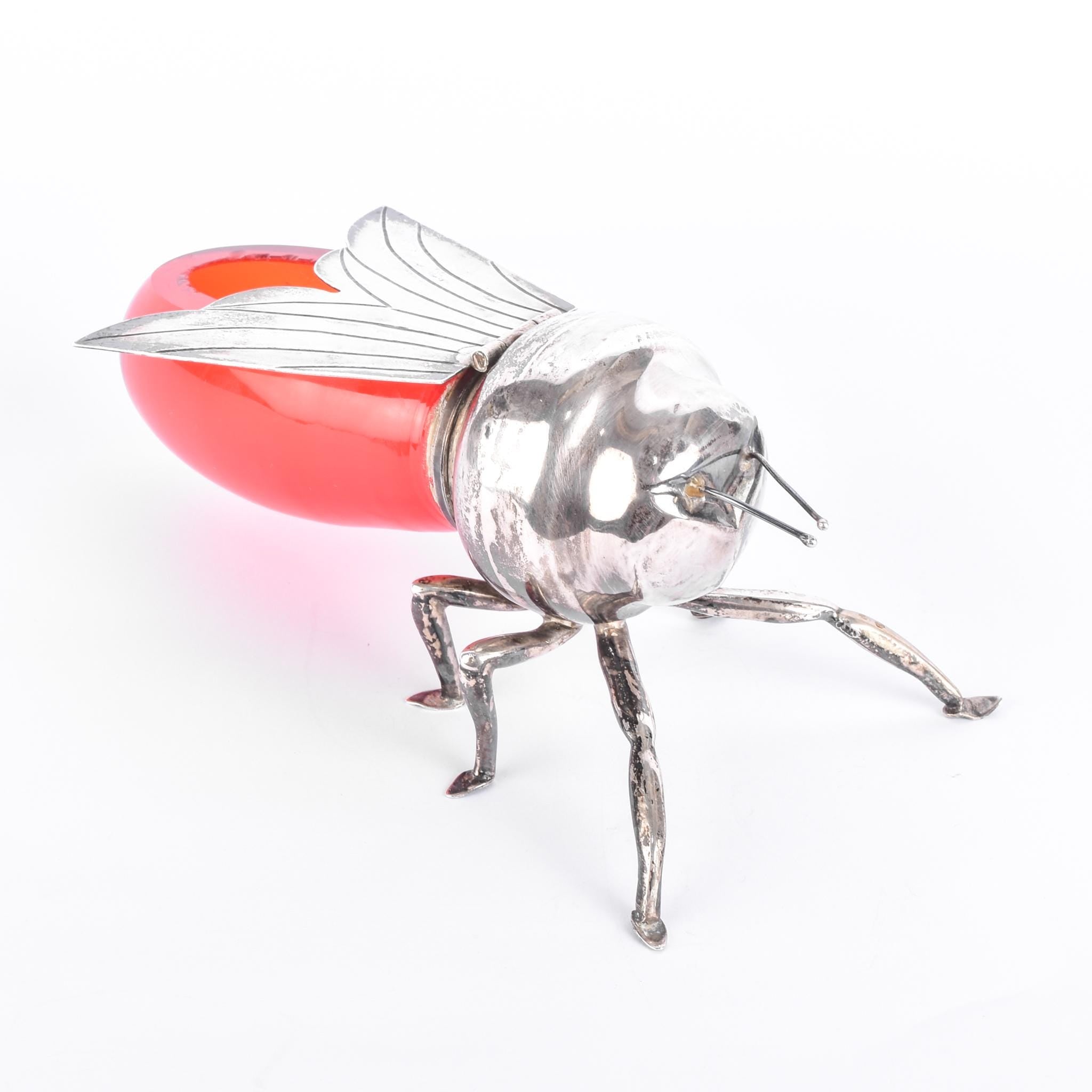 Sterling Silver Plated & Cranberry Glass Bee-Shaped Honey Pot
