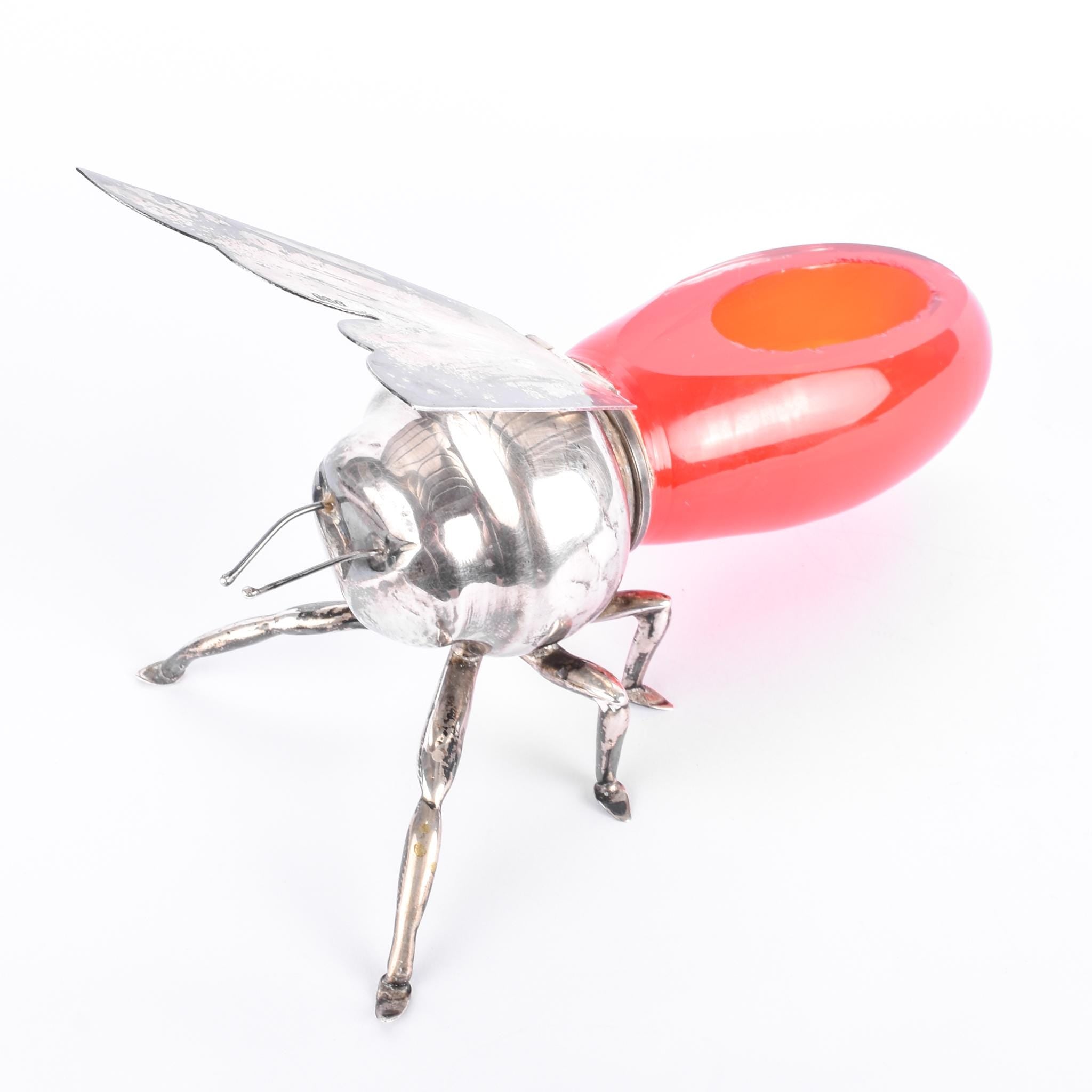 Sterling Silver Plated & Cranberry Glass Bee-Shaped Honey Pot