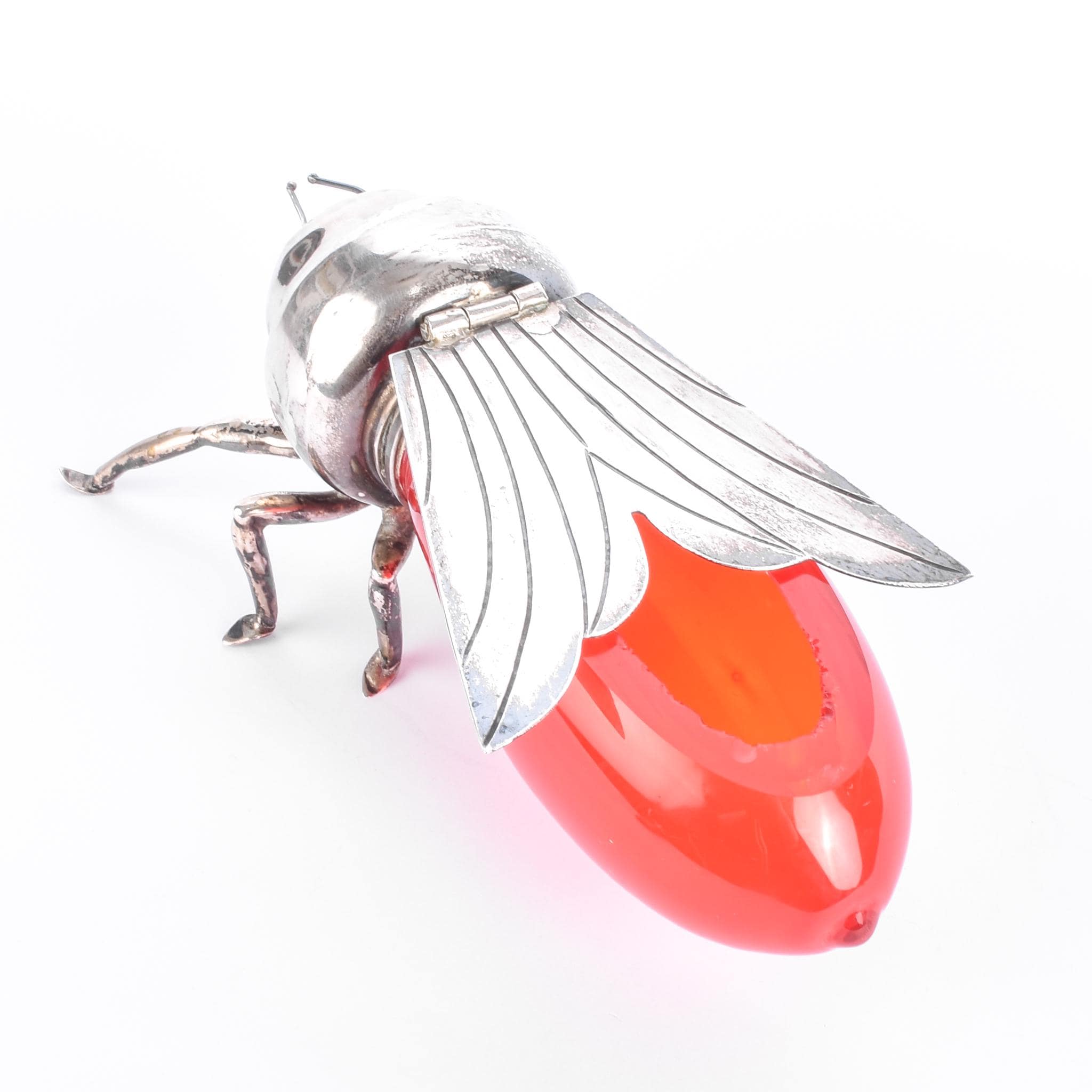 Sterling Silver Plated & Cranberry Glass Bee-Shaped Honey Pot