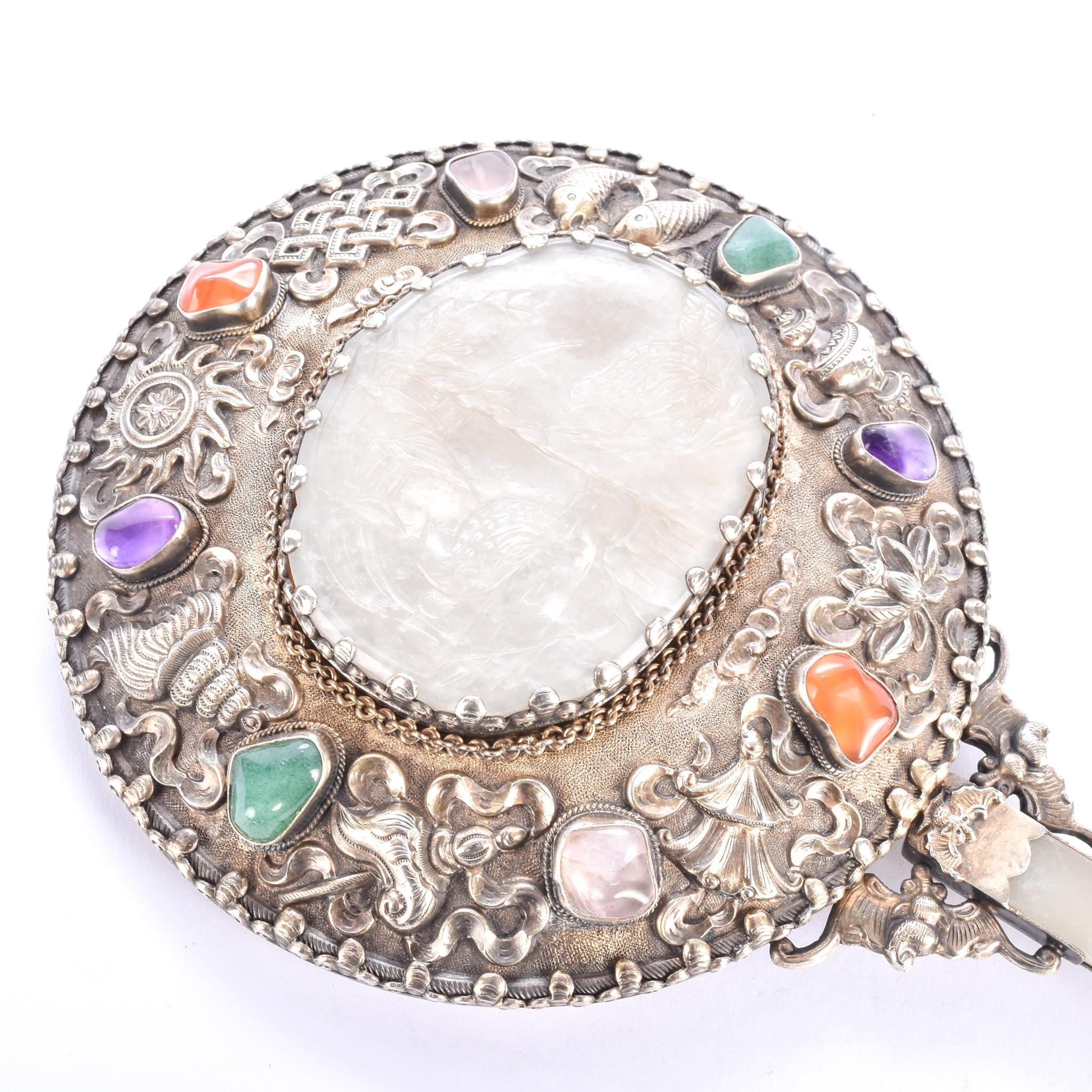 Chinese Silver & Carved Pale Jade Medallion Hand Mirror