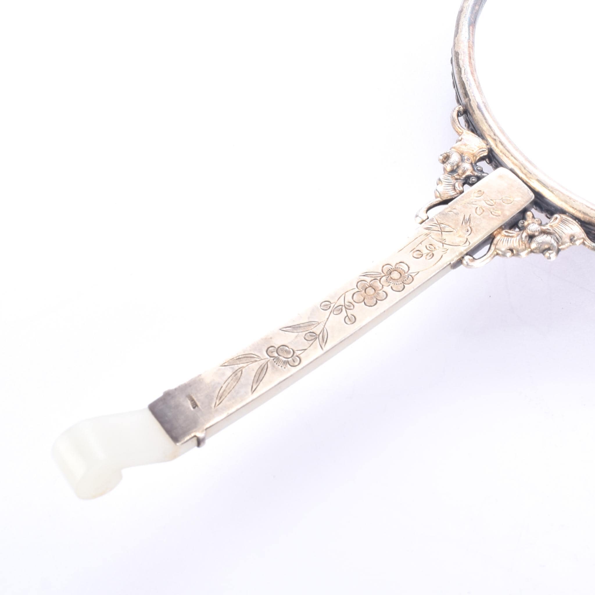 Chinese Silver & Carved Pale Jade Medallion Hand Mirror