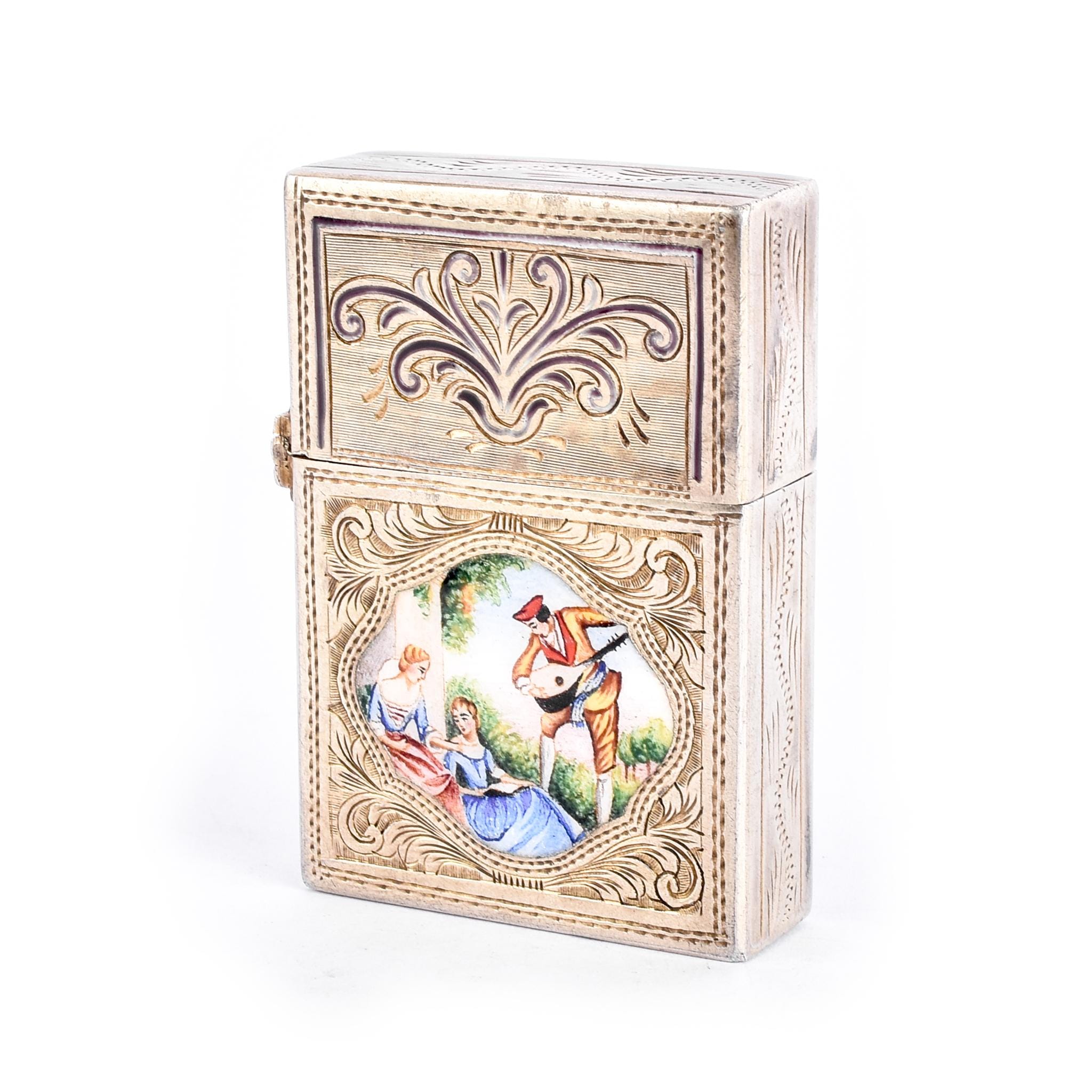 Italian 800 Silver Lighter Case with Hand-Painted Courting Scene