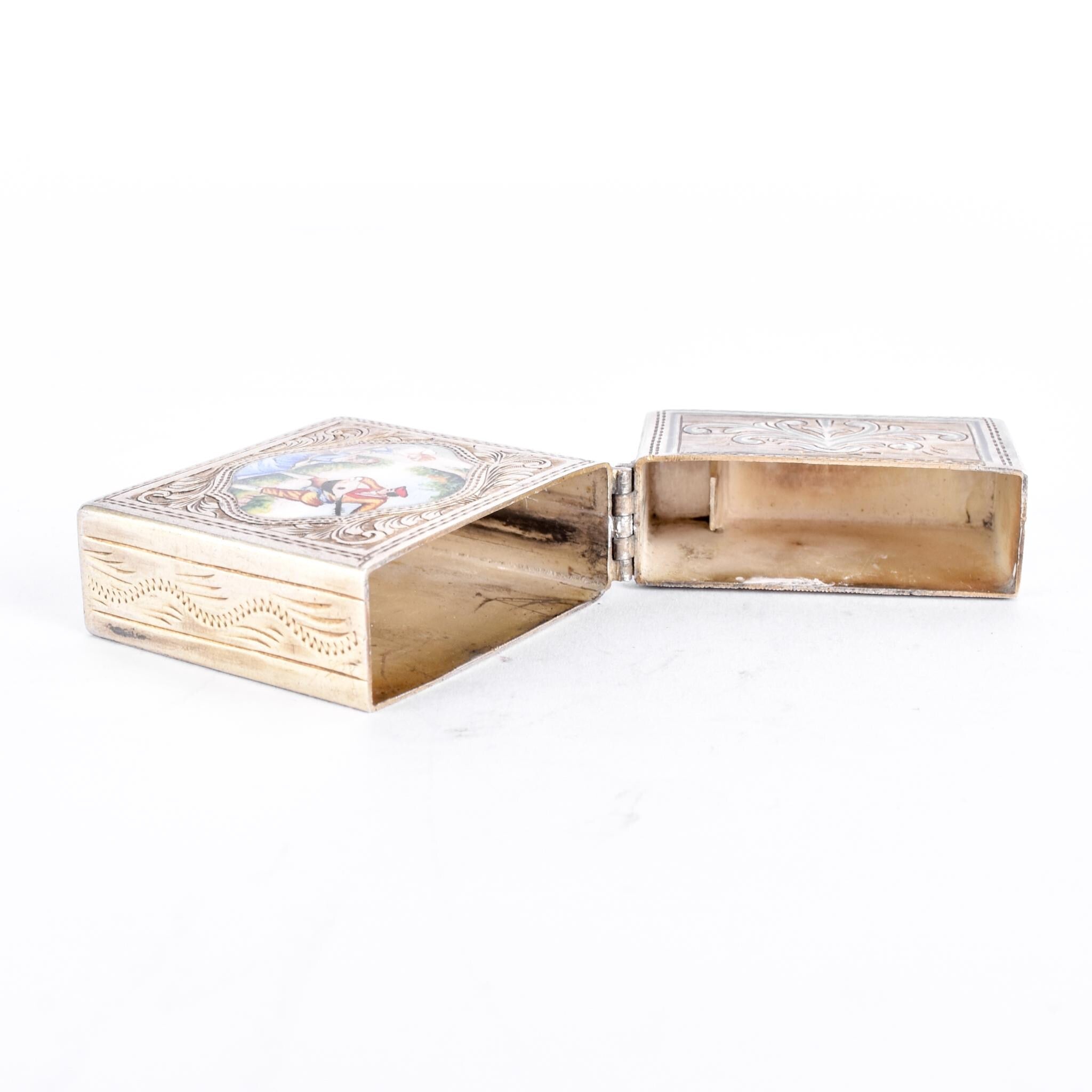 Italian 800 Silver Lighter Case with Hand-Painted Courting Scene