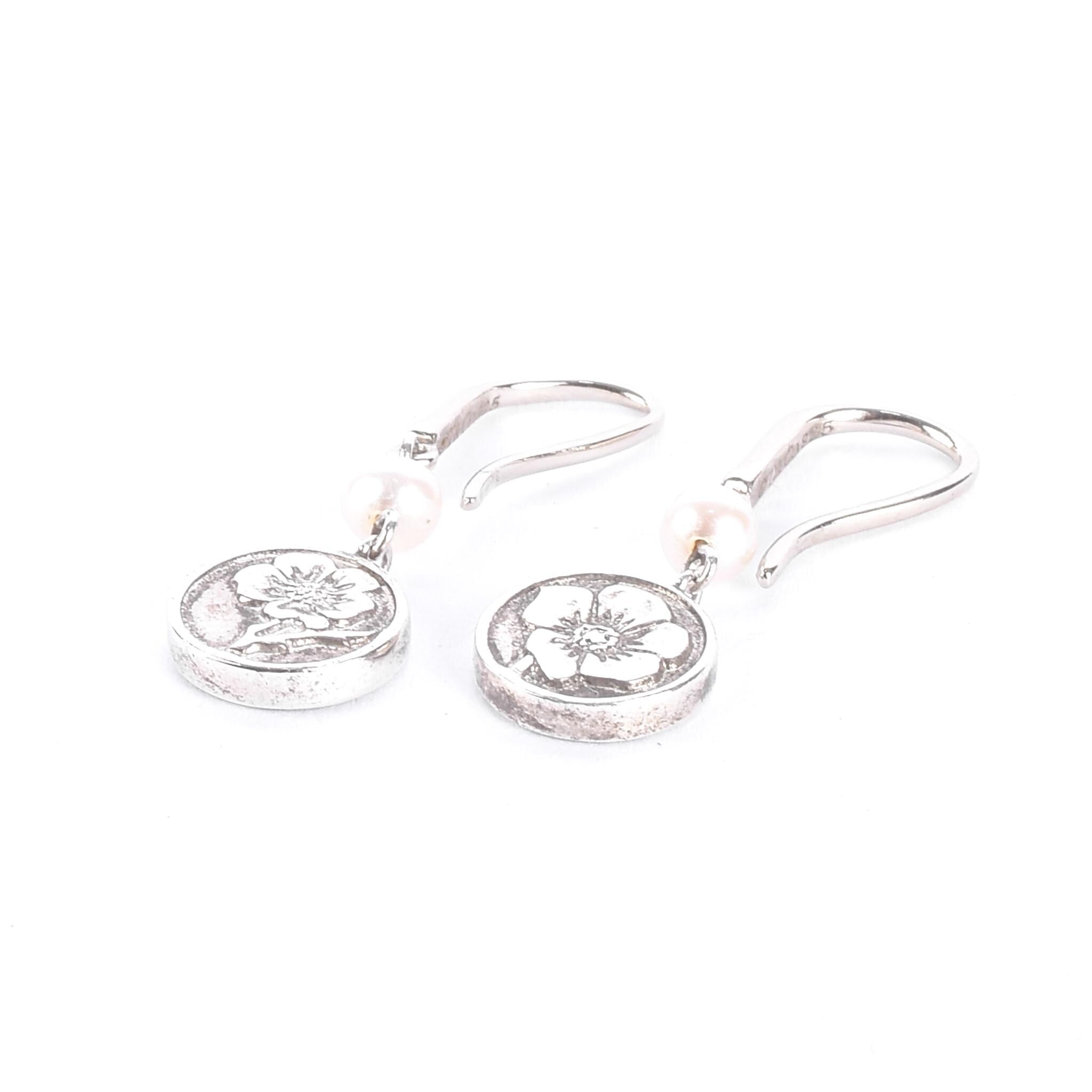 Tiffany & Co. Sterling Silver Pearl Nature Rose Drop Earrings