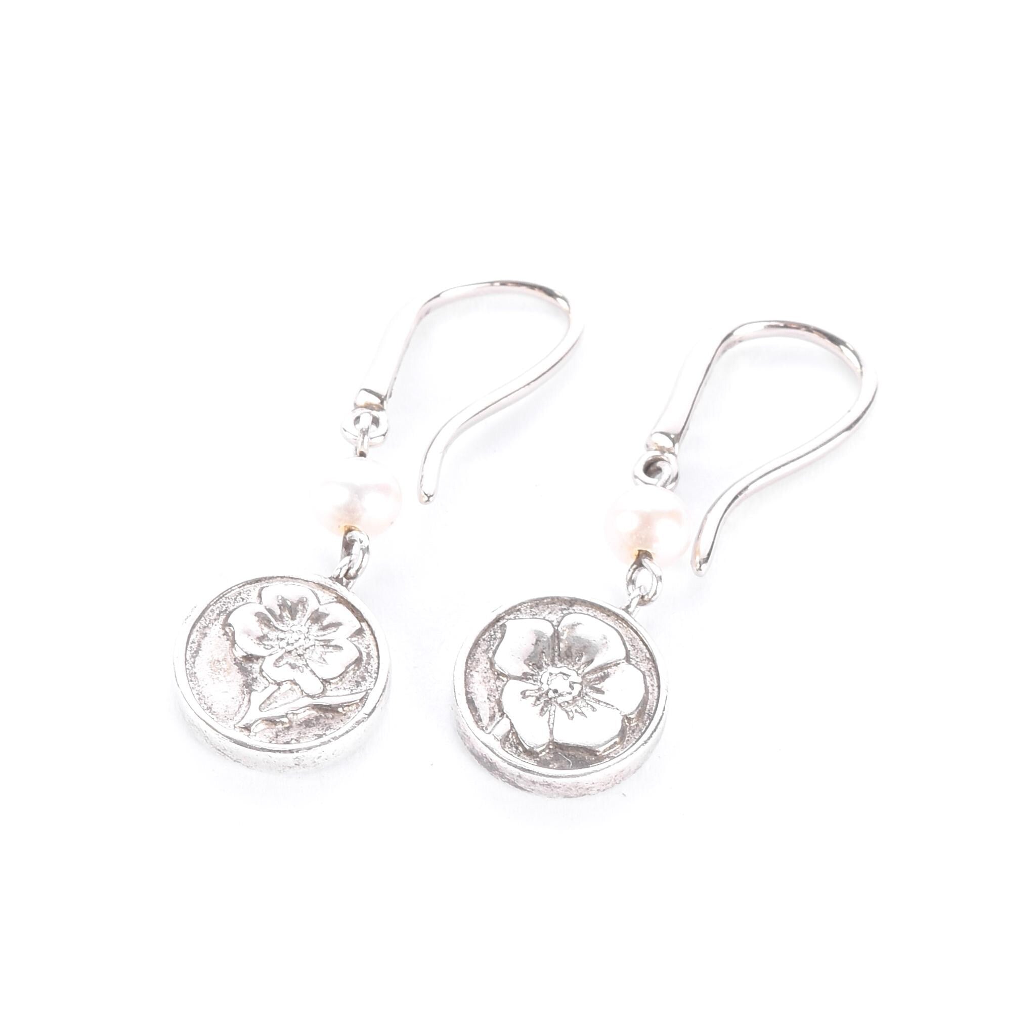 Tiffany & Co. Sterling Silver Pearl Nature Rose Drop Earrings