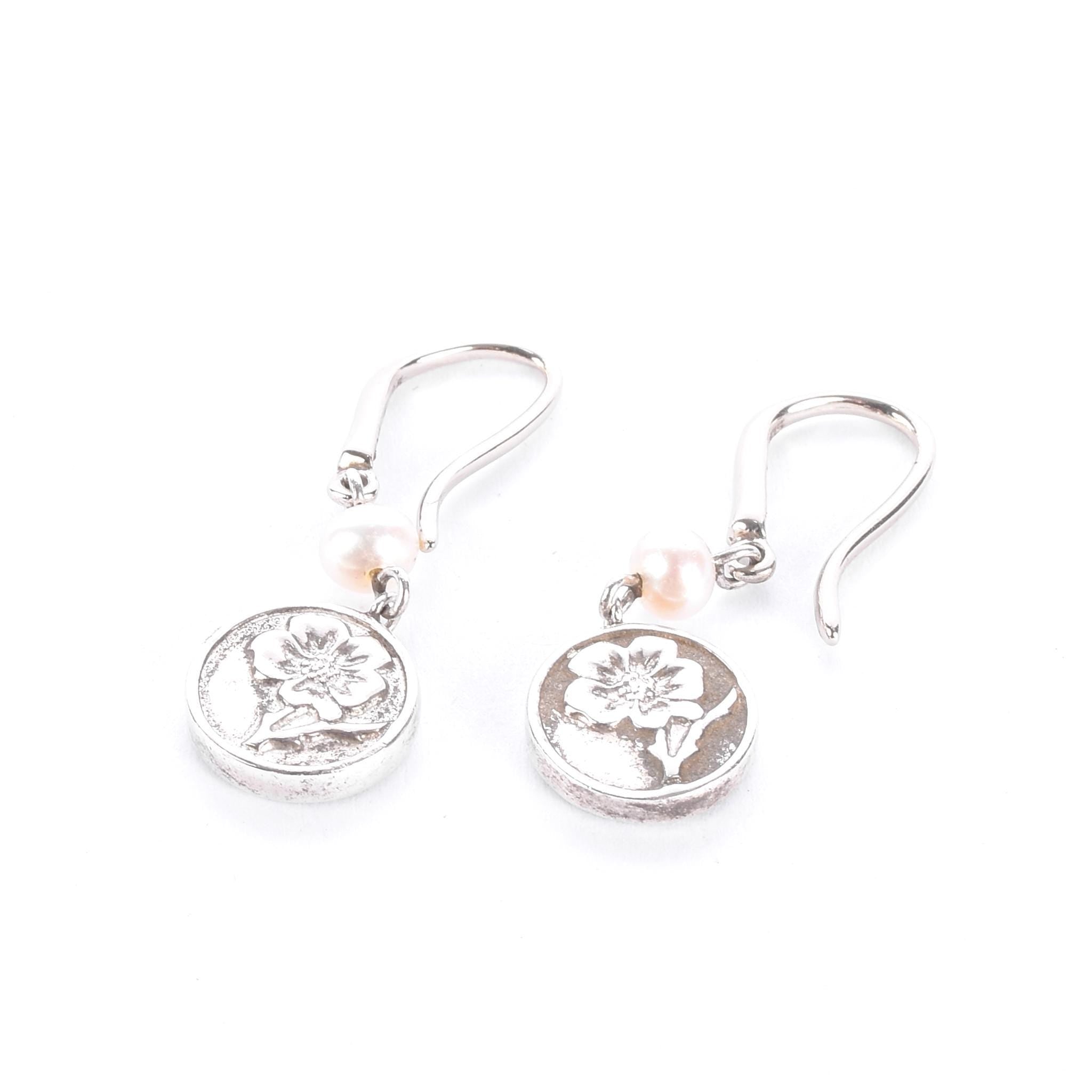 Tiffany & Co. Sterling Silver Pearl Nature Rose Drop Earrings