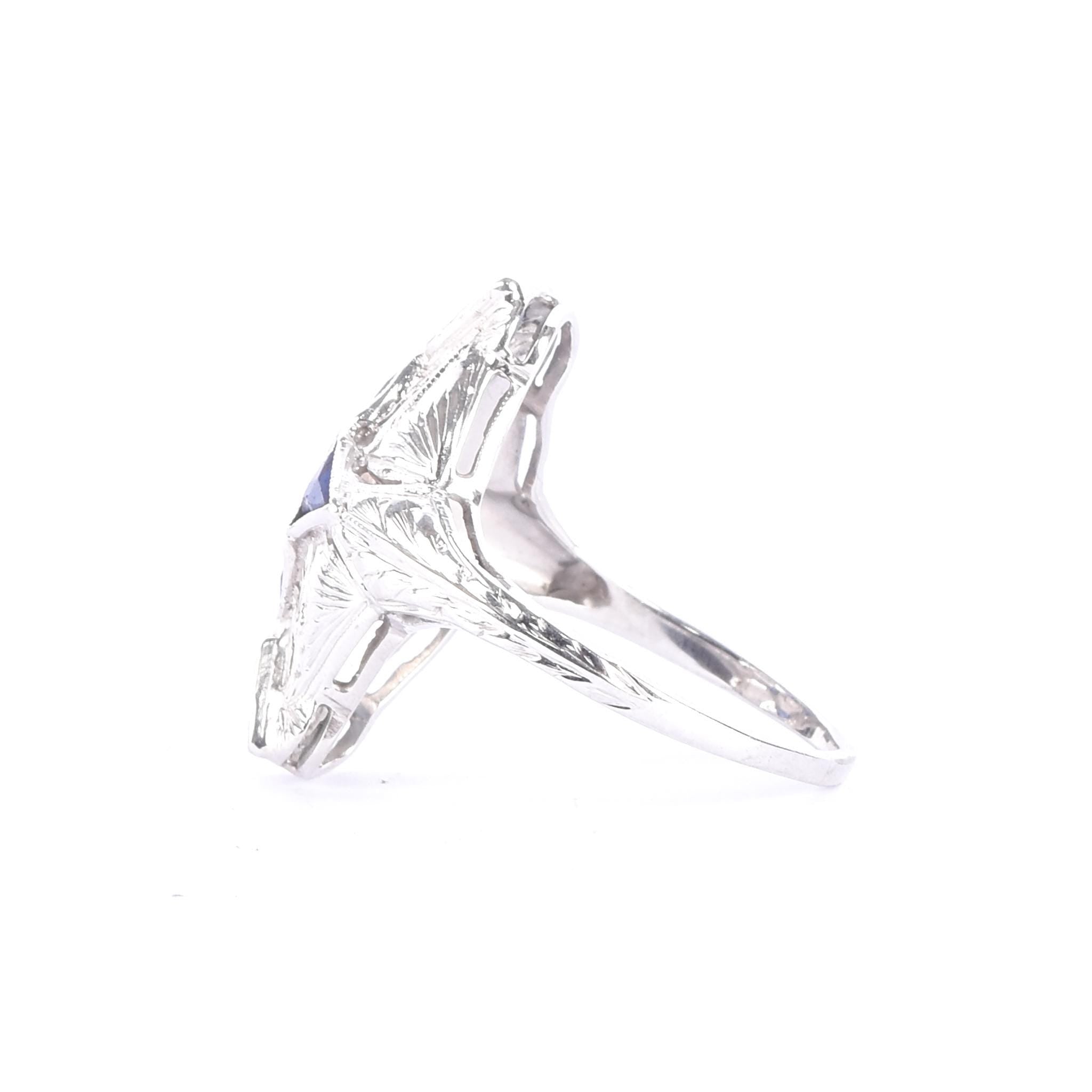 Art Deco 14K Gold Diamond & Synthetic Sapphire Shield Ring