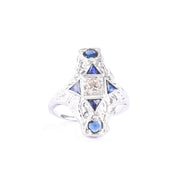 Art Deco 14K Gold Diamond & Synthetic Sapphire Shield Ring