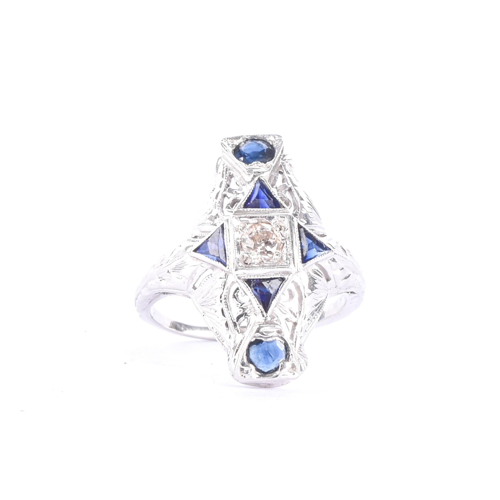 Art Deco 14K Gold Diamond & Synthetic Sapphire Shield Ring