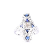 Art Deco 14K Gold Diamond & Synthetic Sapphire Shield Ring