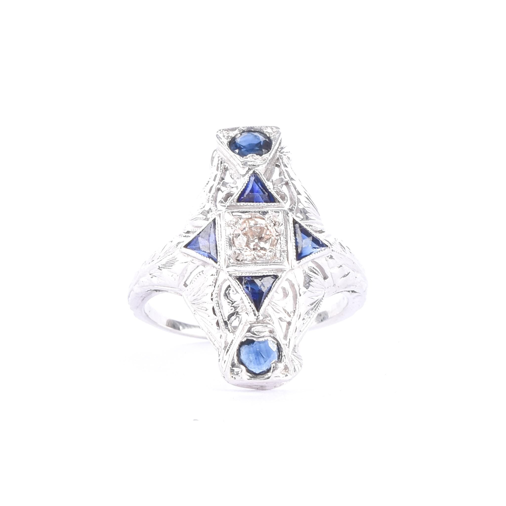 Art Deco 14K Gold Diamond & Synthetic Sapphire Shield Ring