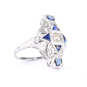 Art Deco 14K Gold Diamond & Synthetic Sapphire Shield Ring
