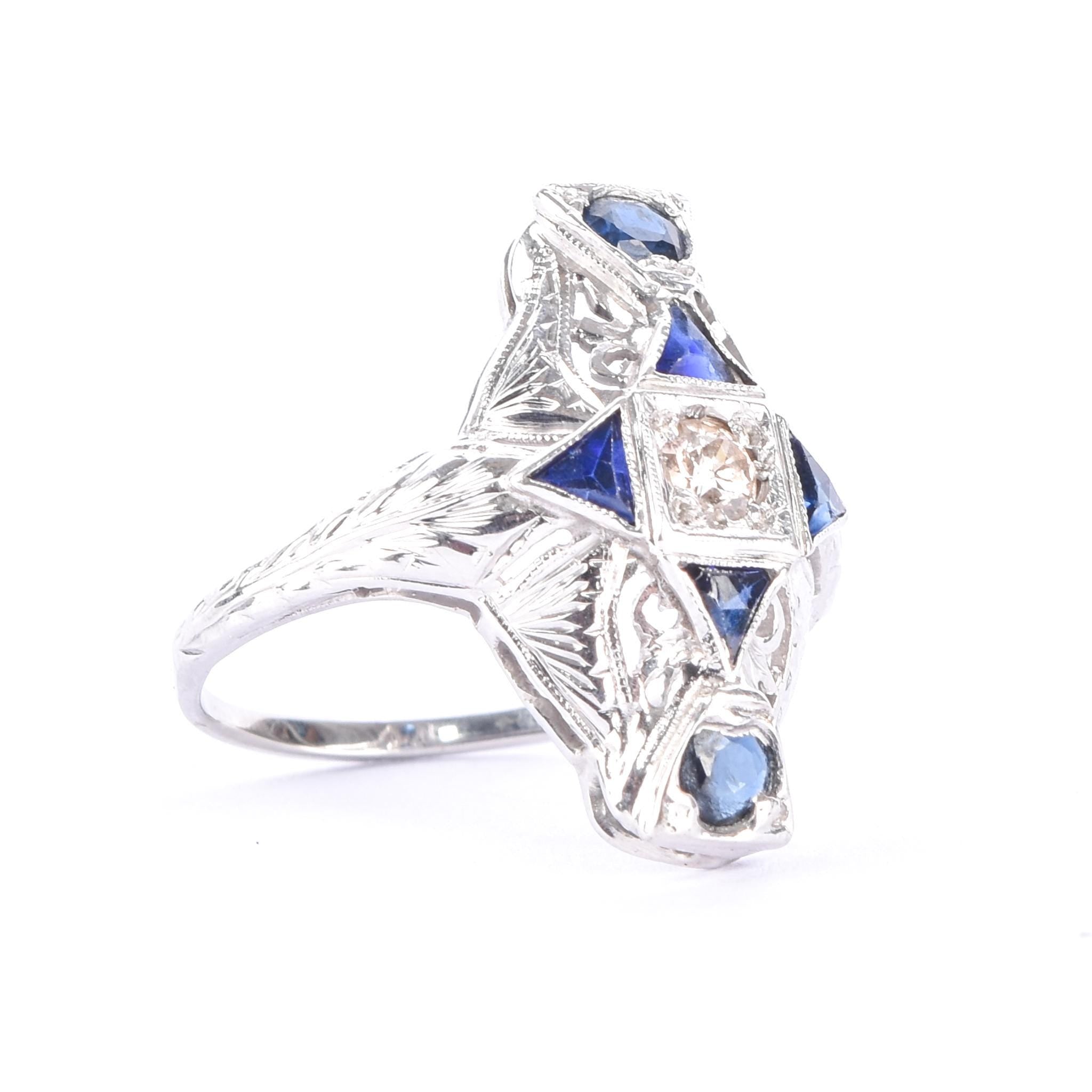 Art Deco 14K Gold Diamond & Synthetic Sapphire Shield Ring