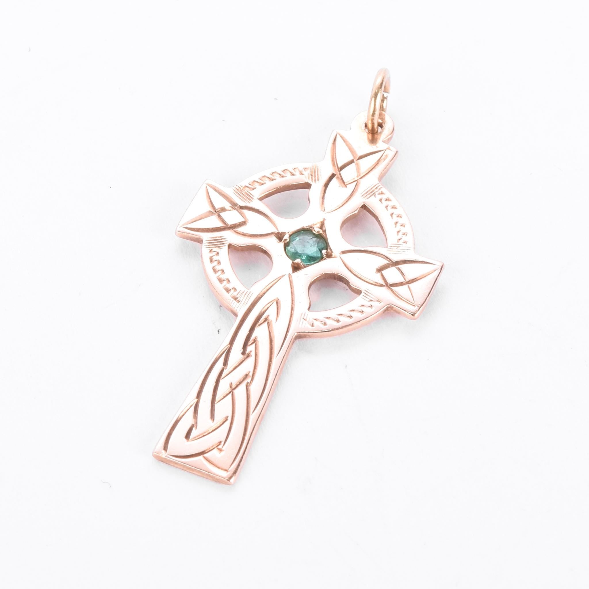 14K Rose Gold & Emerald Celtic Cross Pendant