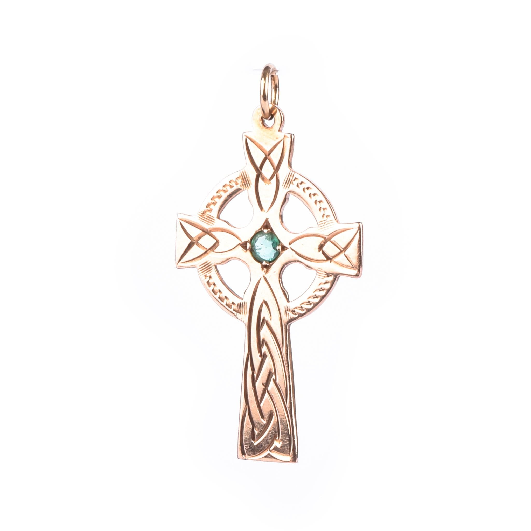 14K Rose Gold & Emerald Celtic Cross Pendant