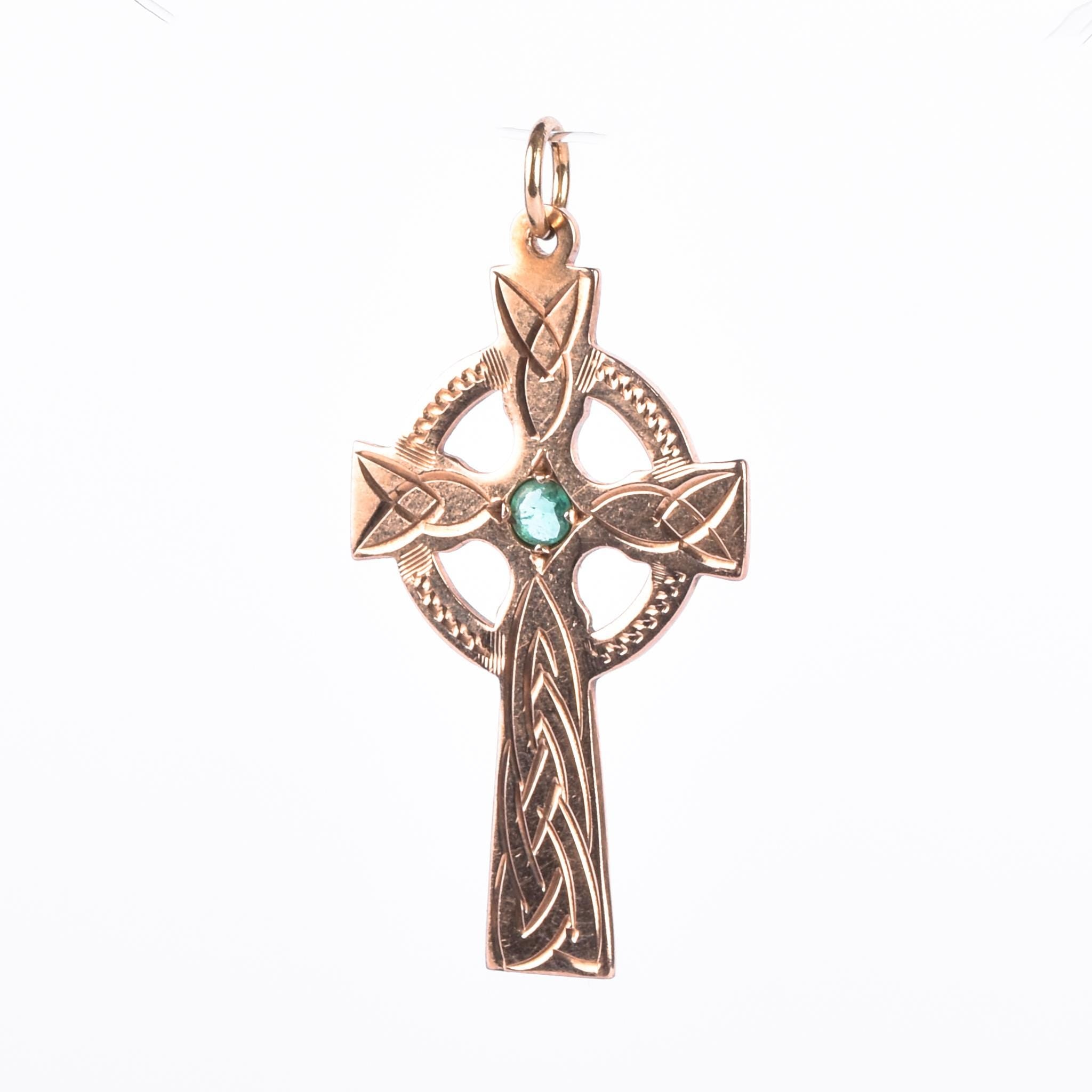 14K Rose Gold & Emerald Celtic Cross Pendant