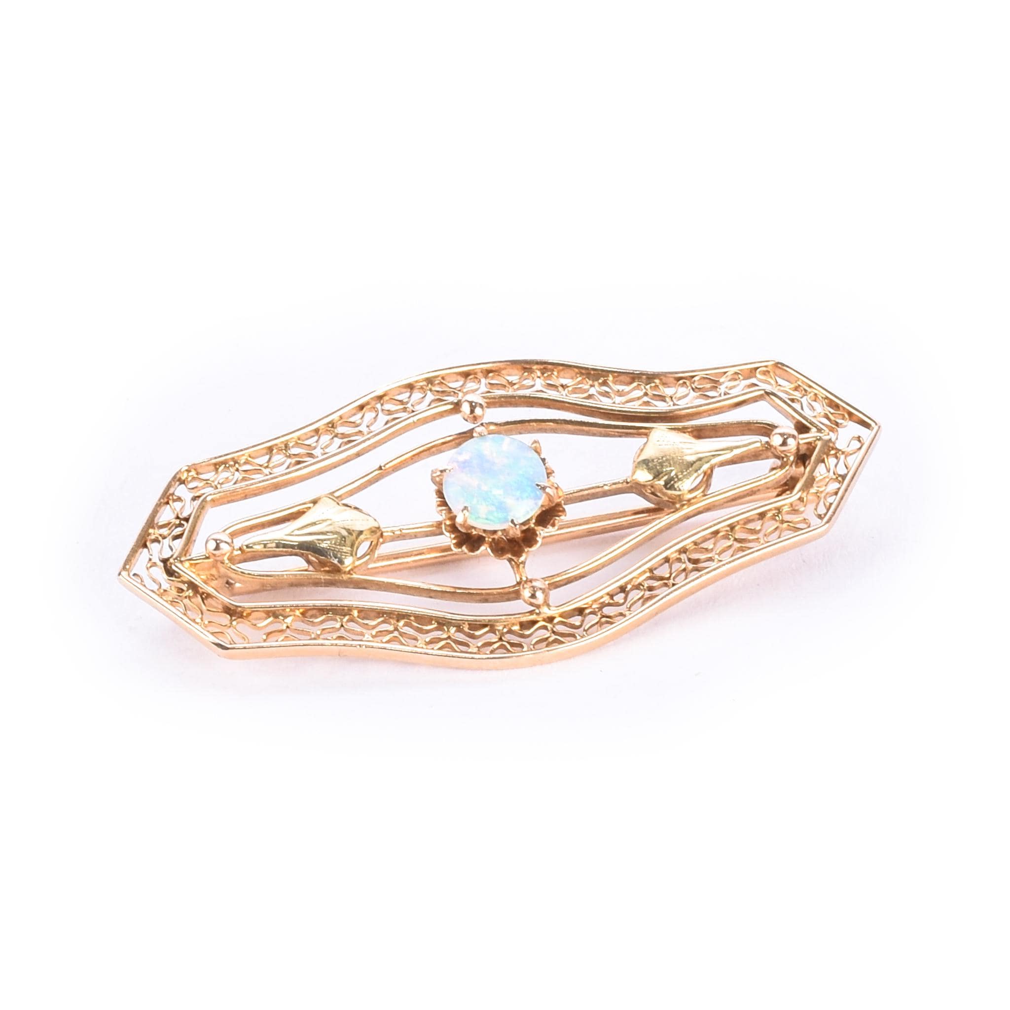 14K Gold & Opal Art Nouveau Filigree Bar Pin