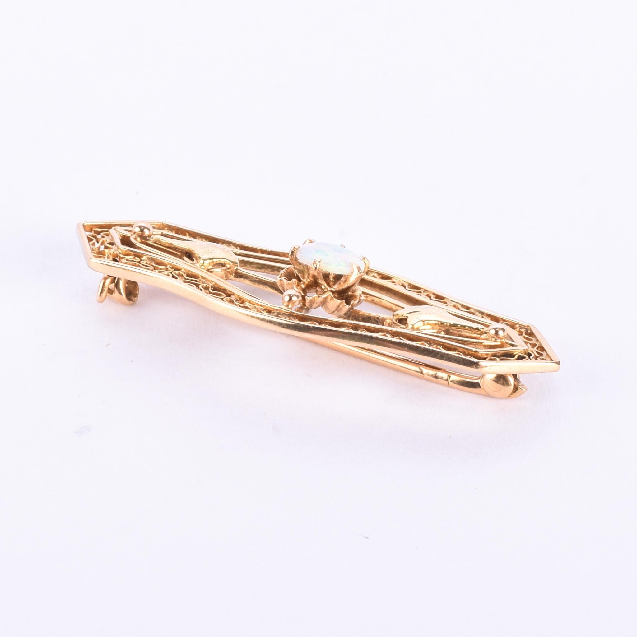 14K Gold & Opal Art Nouveau Filigree Bar Pin