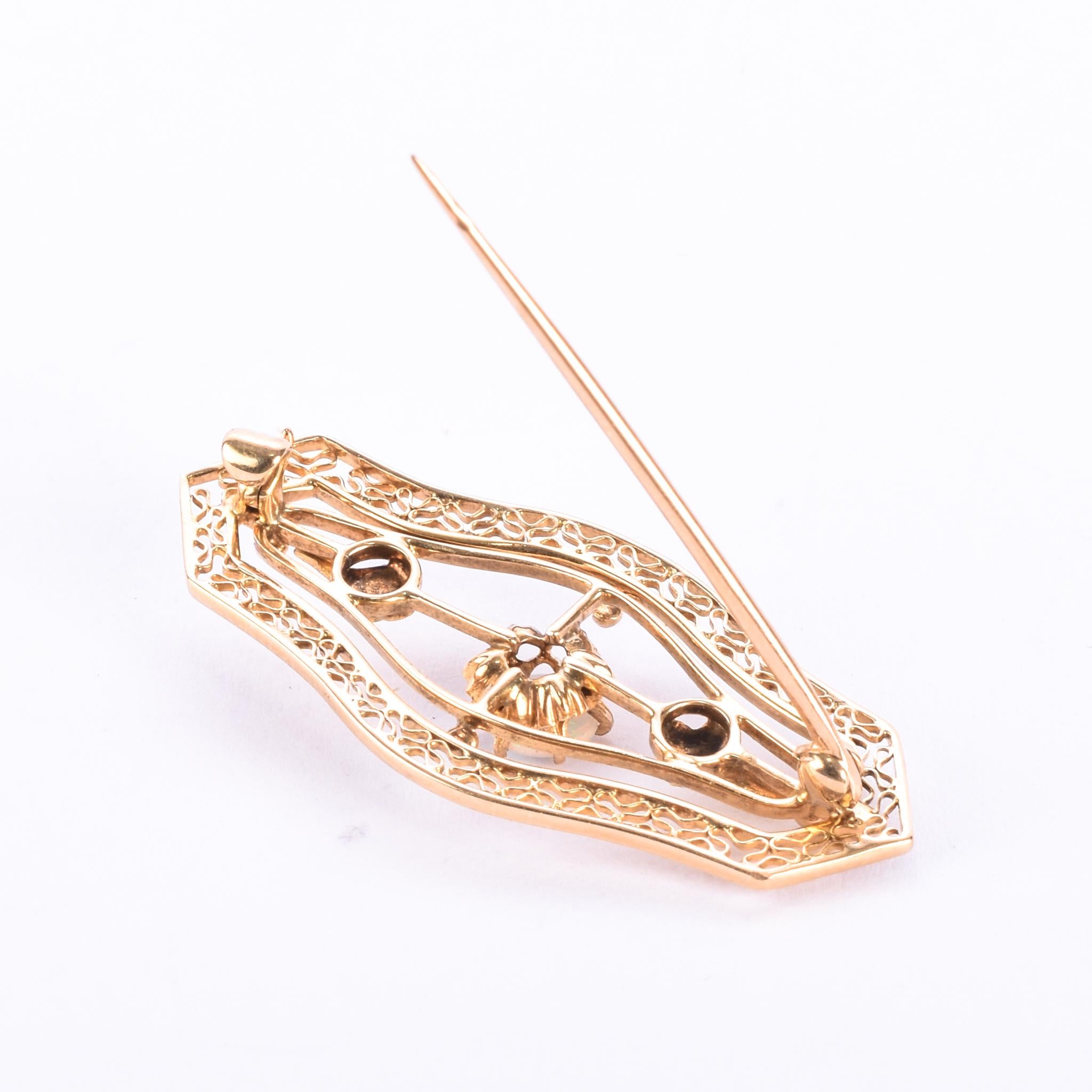 14K Gold & Opal Art Nouveau Filigree Bar Pin