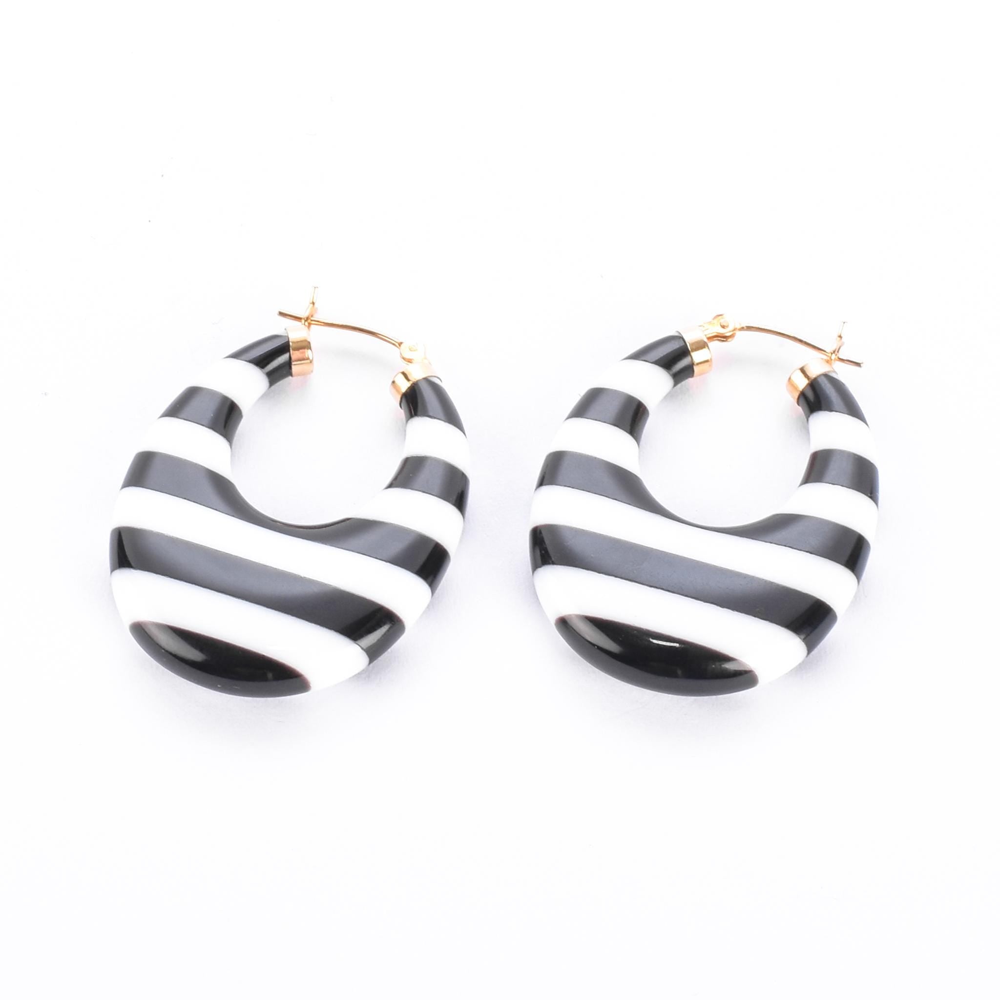 14K Gold & Black/White Onyx Striped Hoop Earrings